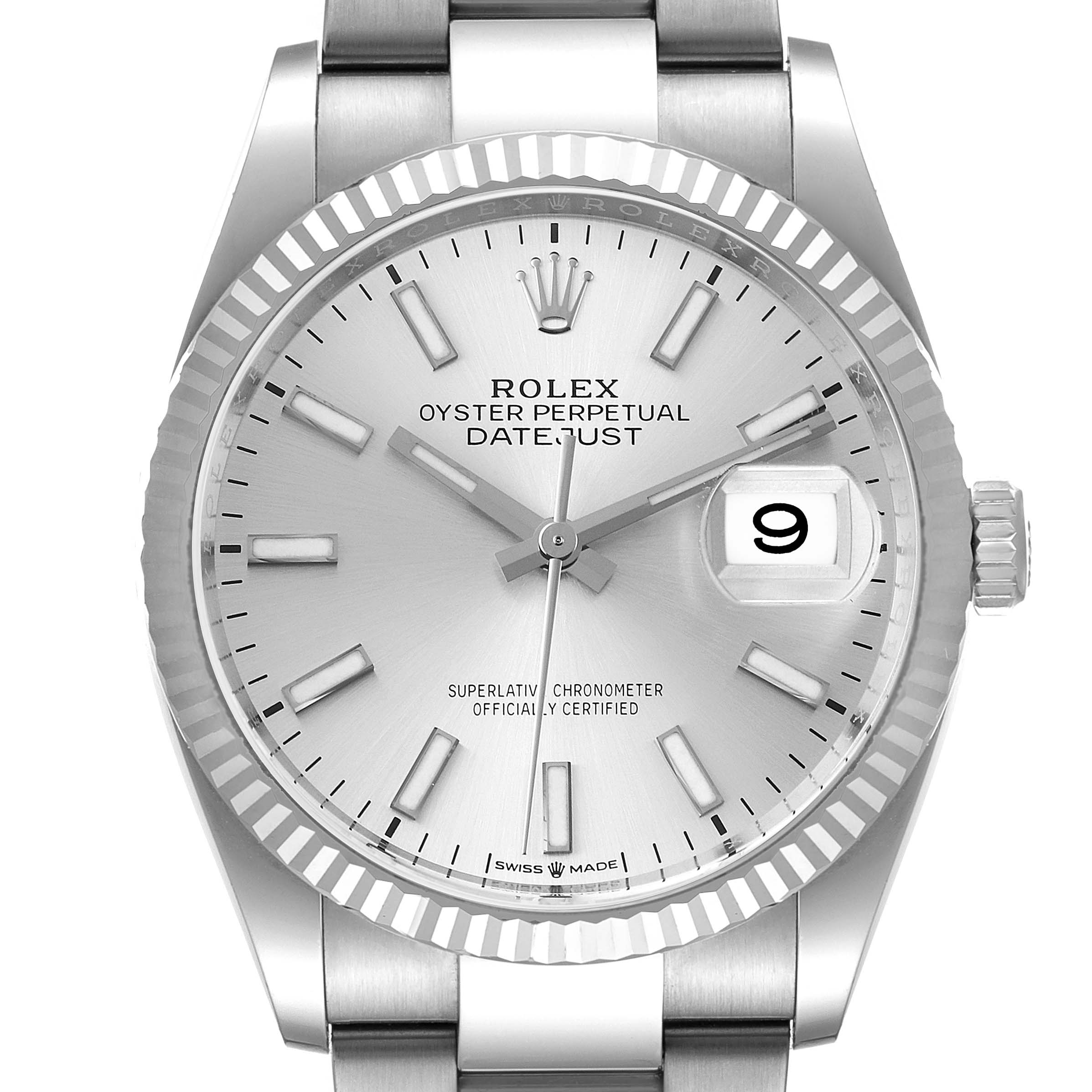 This image shows a front view of the Rolex Datejust 126234 Men's Stainless Steel Silver Dial 126234 Men's Stainless Steel Silver Dial watch, highlighting its dial, fluted bezel, and date window at 3 o'clock.