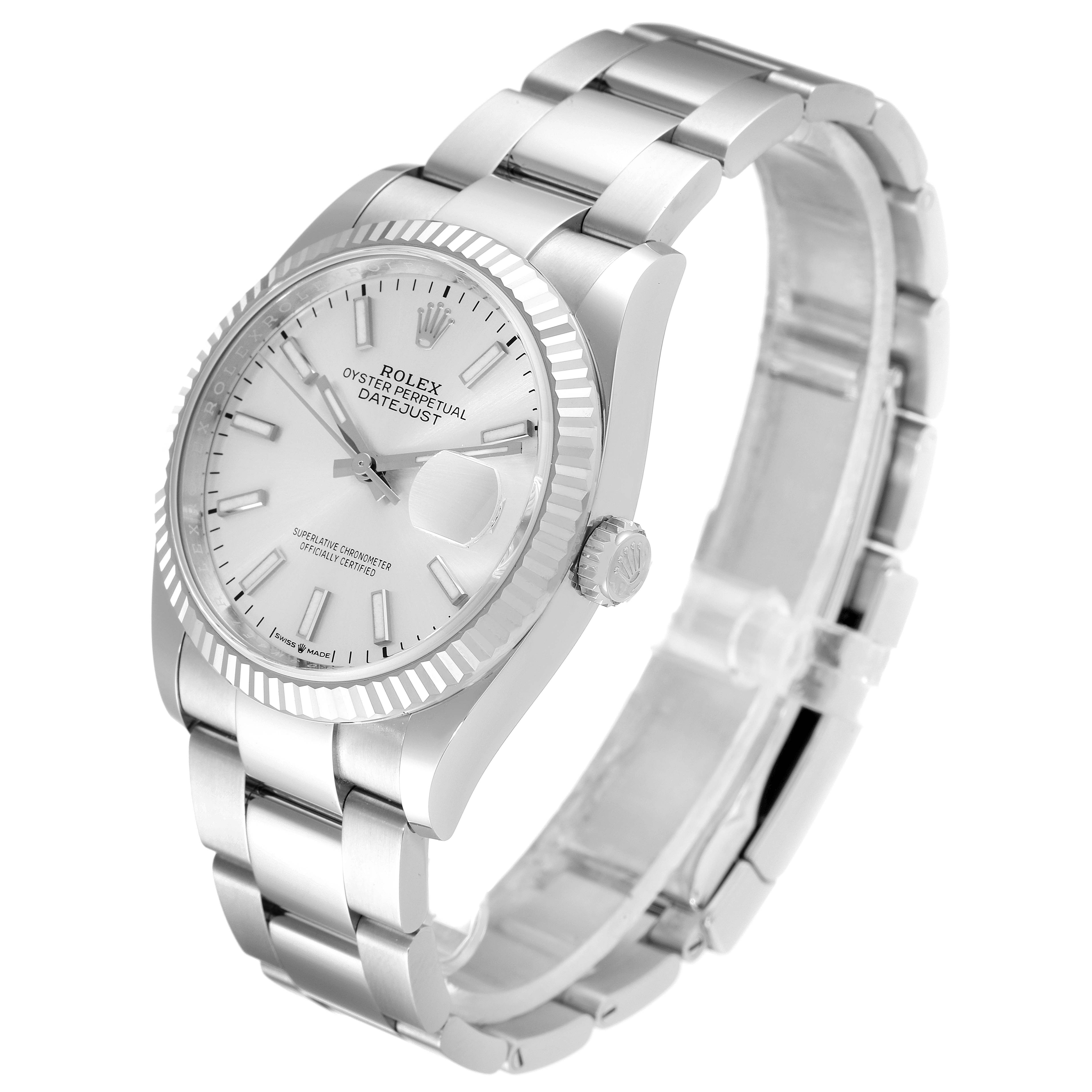 The image shows a silver Rolex Datejust 126234 Men's Stainless Steel Silver Dial 126234 Men's Stainless Steel Silver Dial watch angled slightly to the right, displaying its bracelet, dial, and bezel.