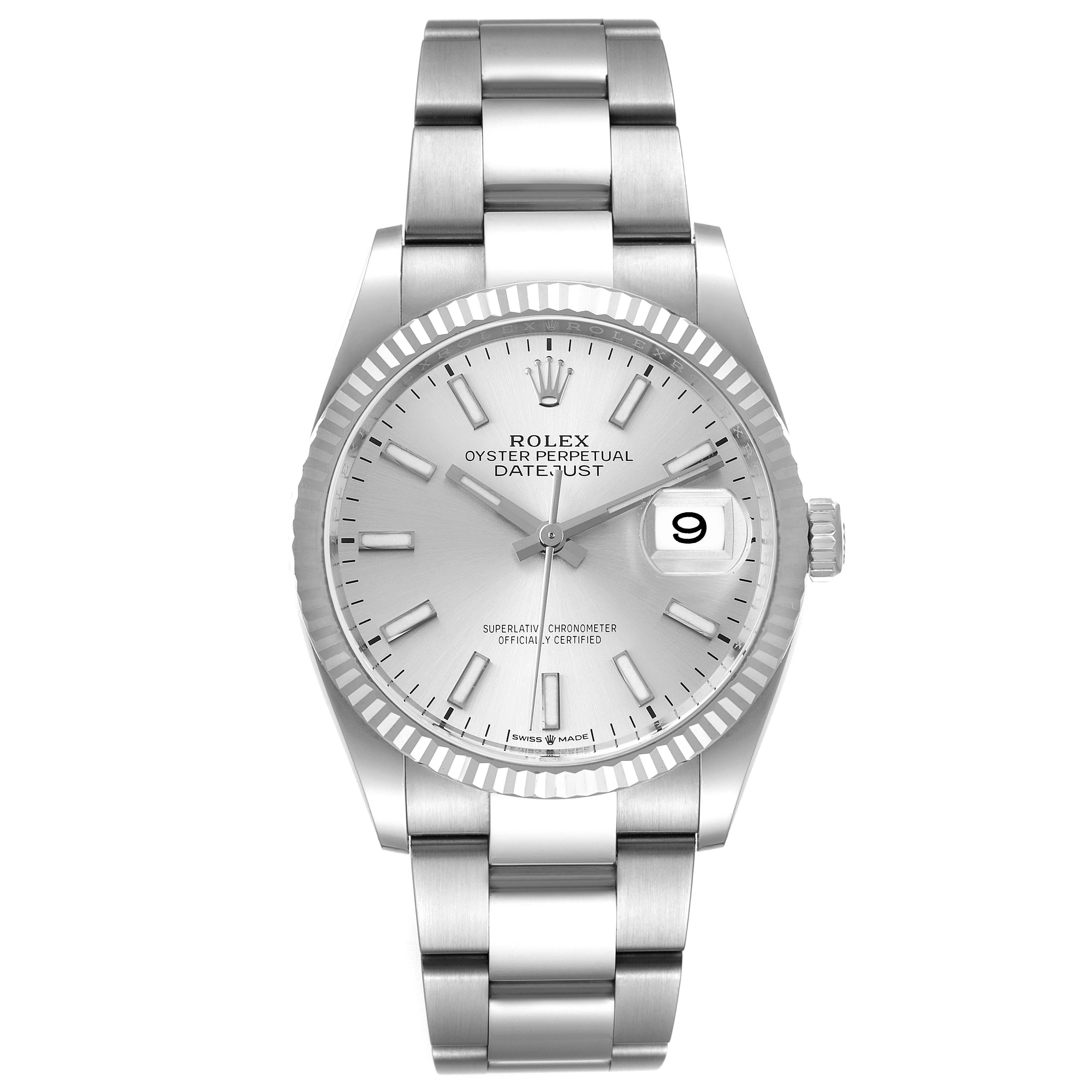The image shows a frontal view of the Rolex Datejust 126234 Men's Stainless Steel Silver Dial 126234 Men's Stainless Steel Silver Dial watch, fully displaying its silver dial, fluted bezel, and bracelet.