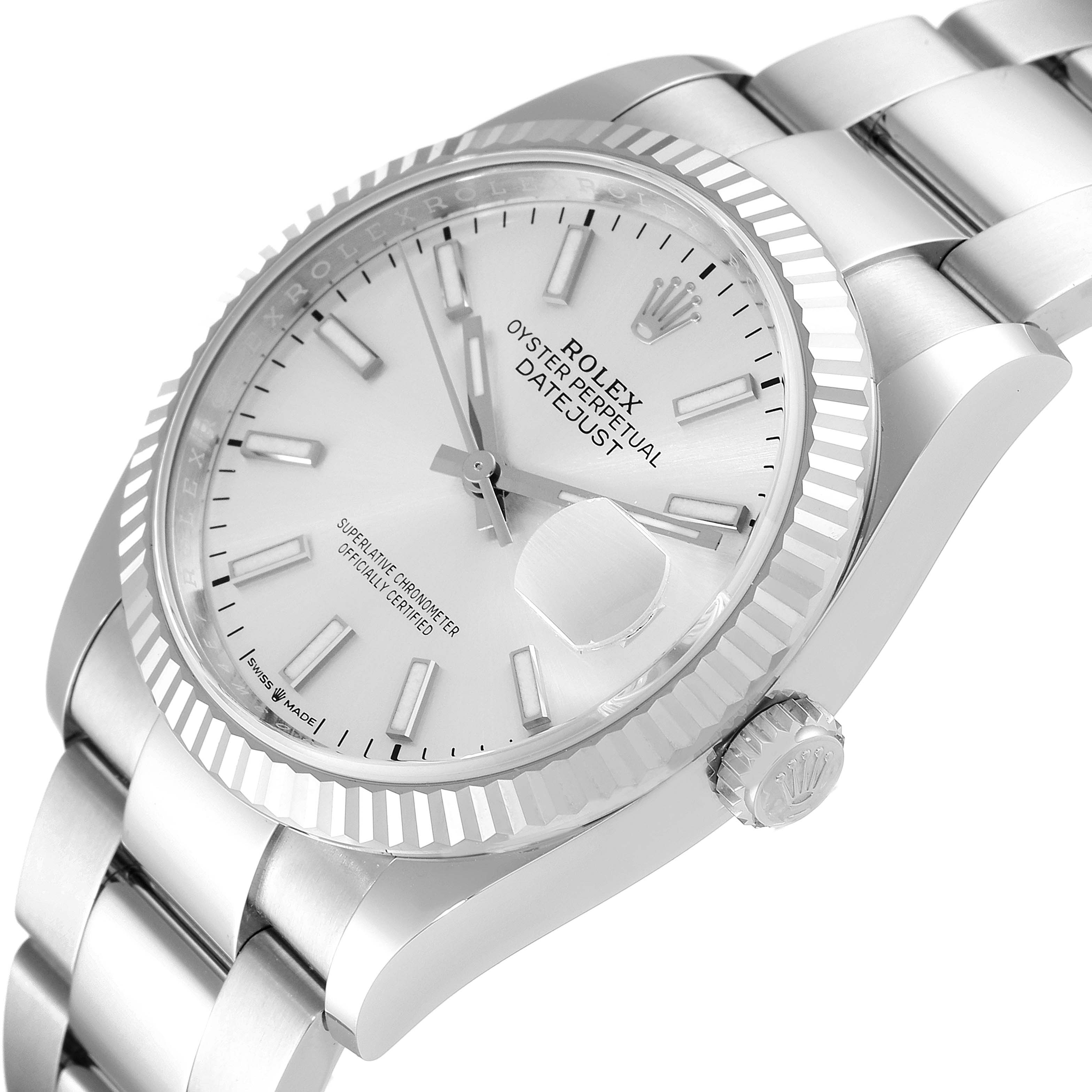 This image shows a side angle of a Rolex Datejust 126234 Men's Stainless Steel Silver Dial 126234 Men's Stainless Steel Silver Dial watch, highlighting its face, crown, and bracelet.