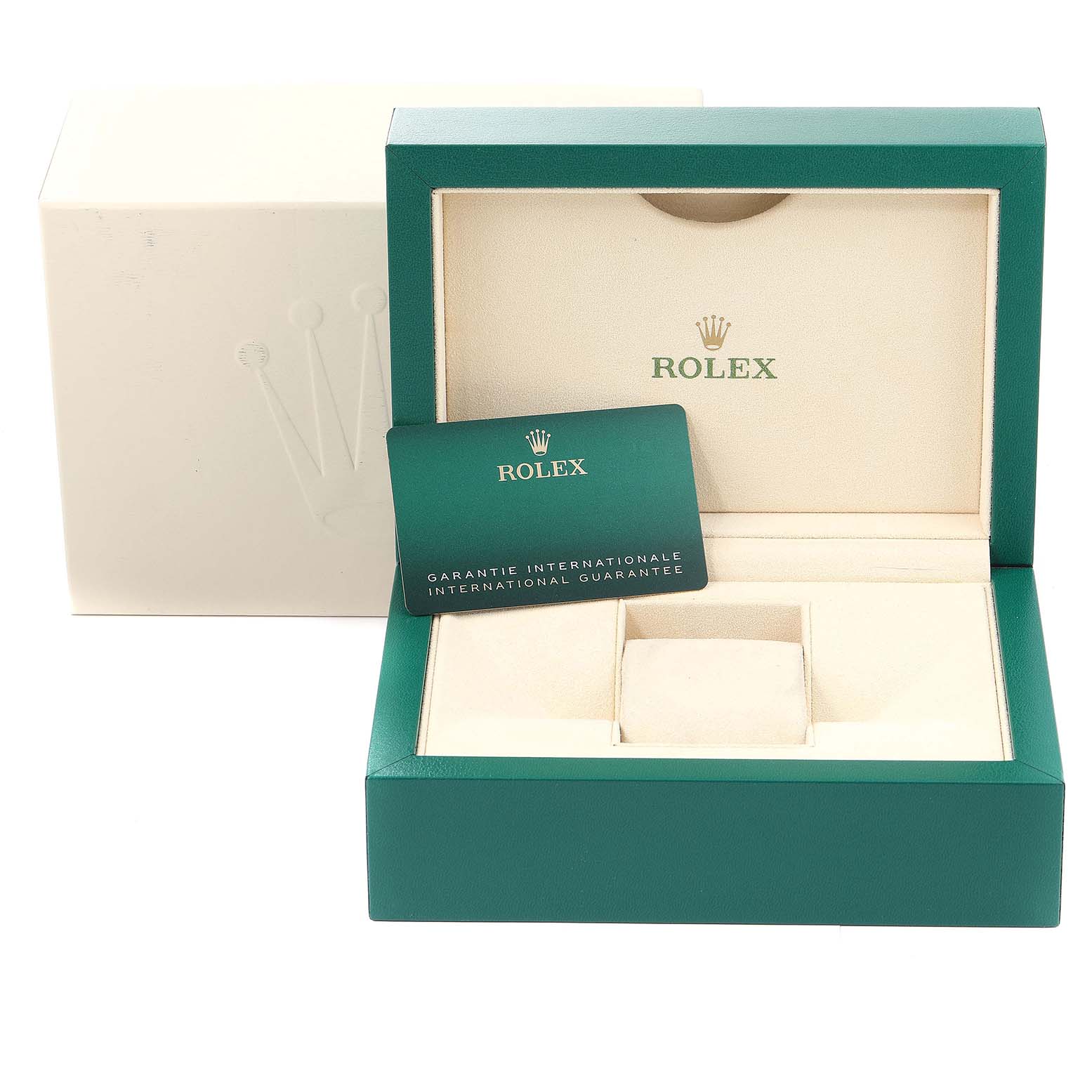 The image shows an open Rolex Datejust 126234 Men's Stainless Steel Silver Dial 126234 Men's Stainless Steel Silver Dial watch box with its green international guarantee card placed inside.