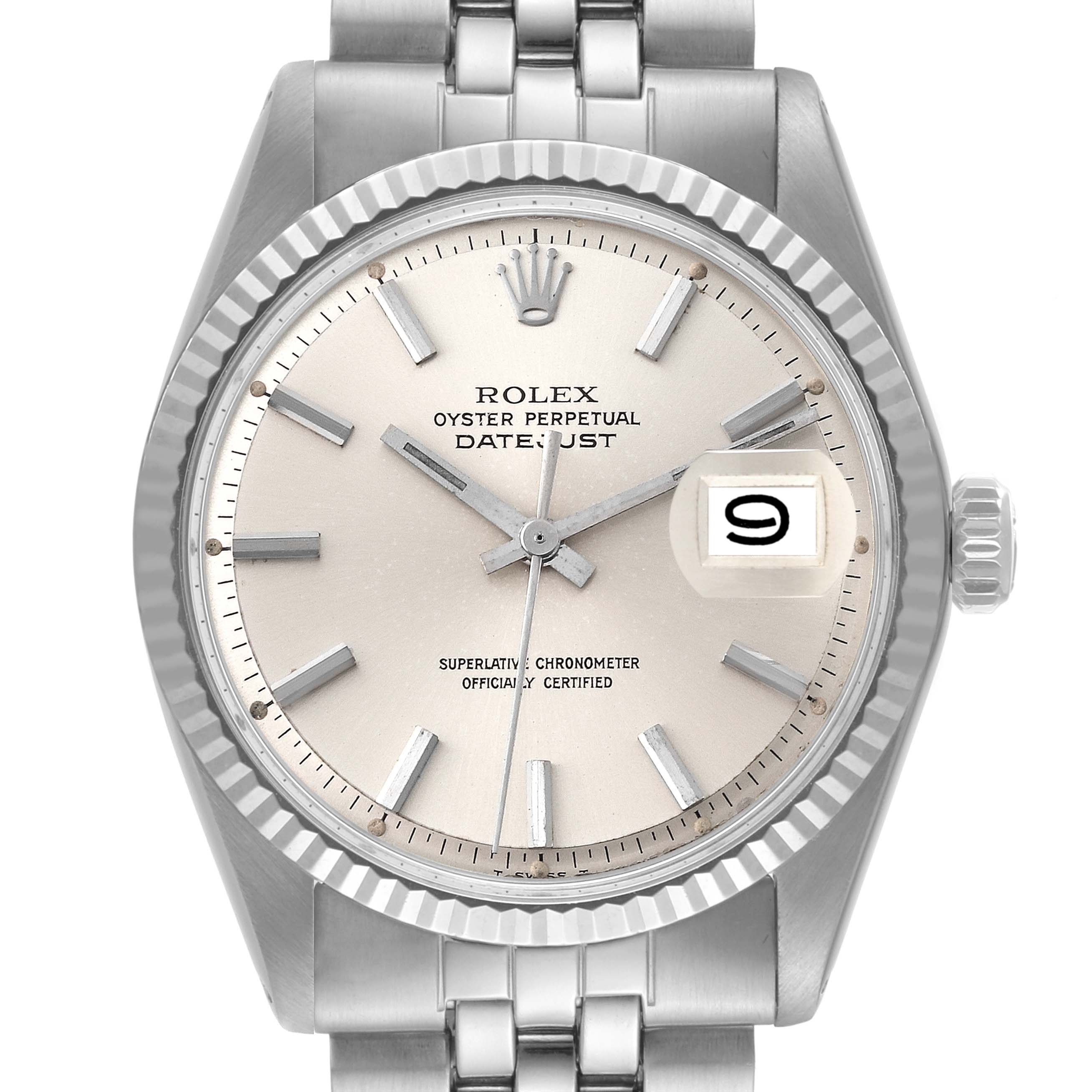The image shows a close-up view of the face and bracelet of a Rolex Vintage Collection 1601 Men's Stainless Steel Silver Dial 1601 Men's Stainless Steel Silver Dial Oyster Perpetual Datejust watch.