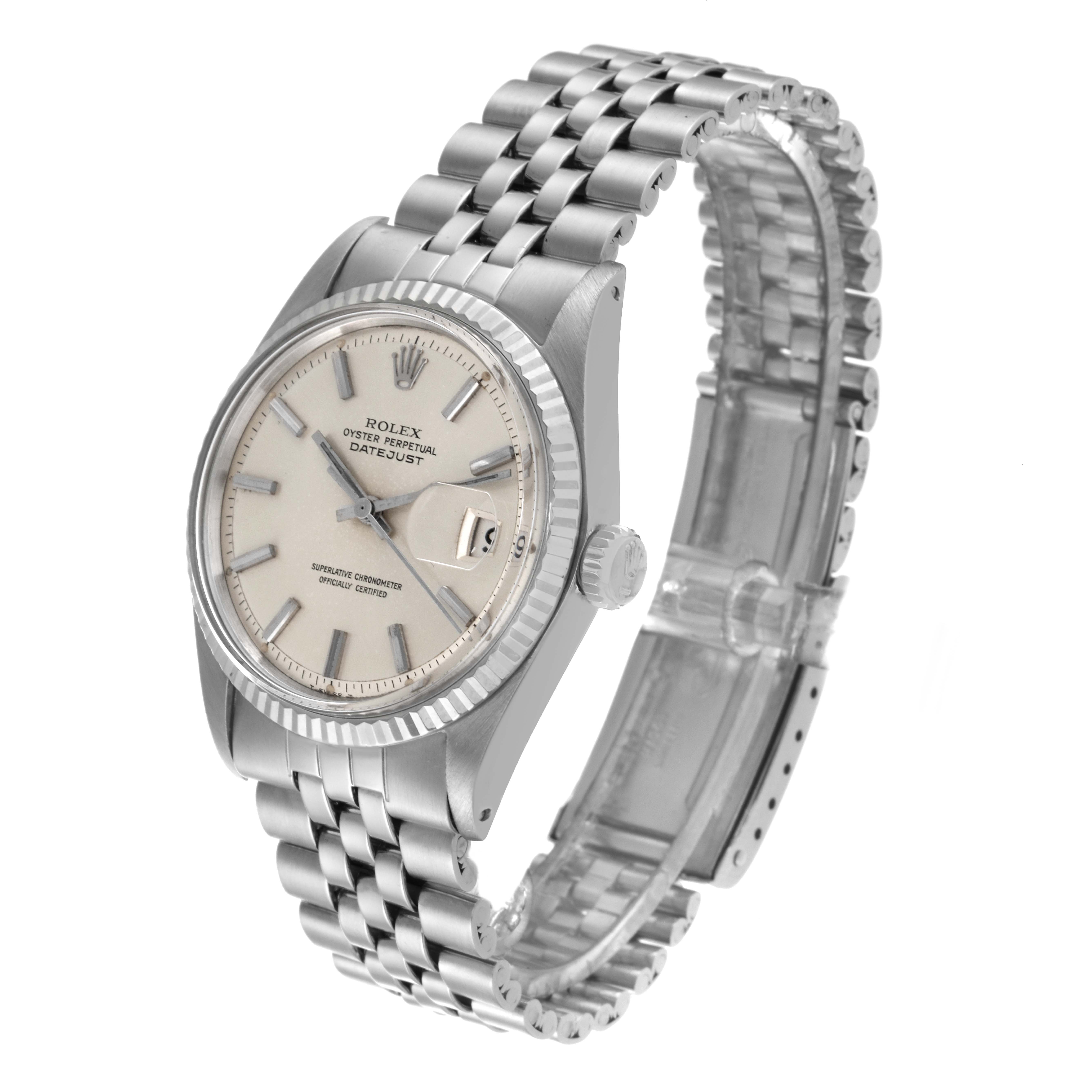 The image shows a Rolex Vintage Collection 1601 Men's Stainless Steel Silver Dial 1601 Men's Stainless Steel Silver Dial Datejust watch from a front-side angle, highlighting the dial, case, bezel, crown, and bracelet.