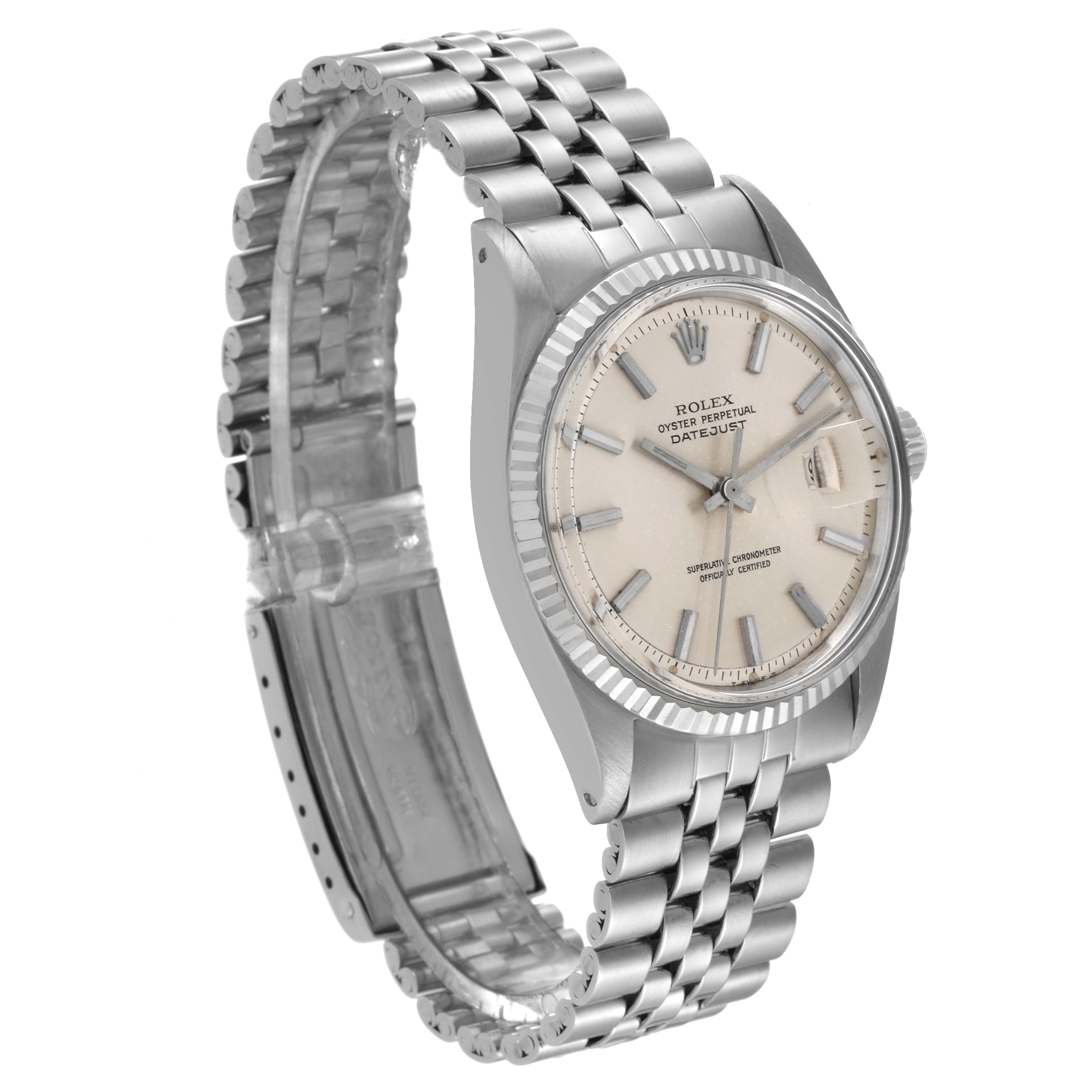 The image shows a side view of the Rolex Vintage Collection 1601 Men's Stainless Steel Silver Dial 1601 Men's Stainless Steel Silver Dial Oyster Perpetual Datejust watch, highlighting its bracelet and clasp.