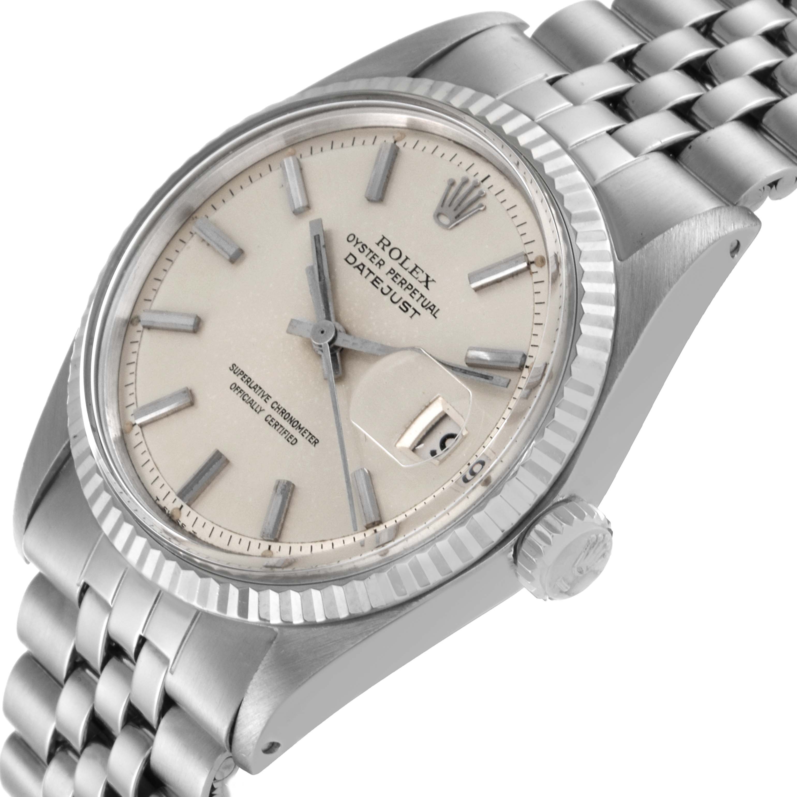The image shows a Rolex Vintage Collection 1601 Men's Stainless Steel Silver Dial 1601 Men's Stainless Steel Silver Dial Datejust watch from an oblique angle, highlighting the face, crown, and bracelet.