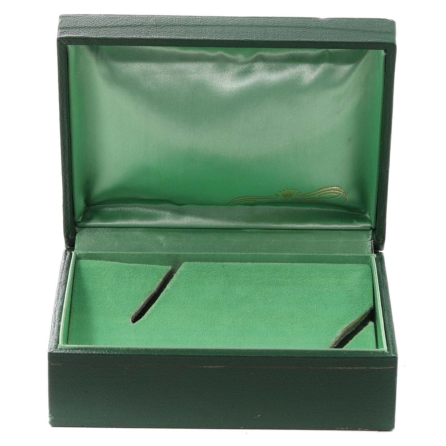 The image shows an open green Rolex watch box from the Vintage Collection, viewed from the front.
