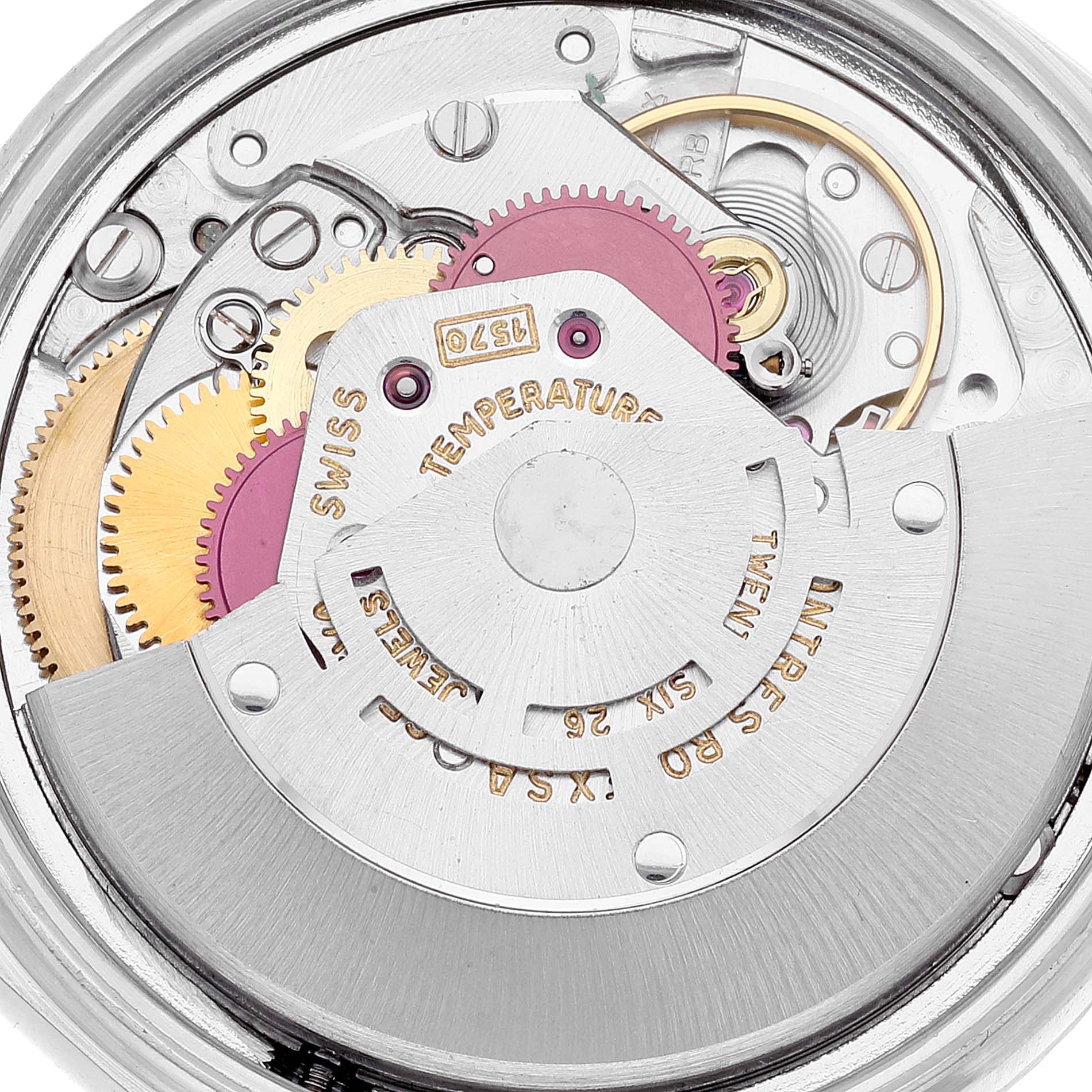 This image shows the internal mechanical movement of a Vintage Collection Rolex watch at a close-up angle.