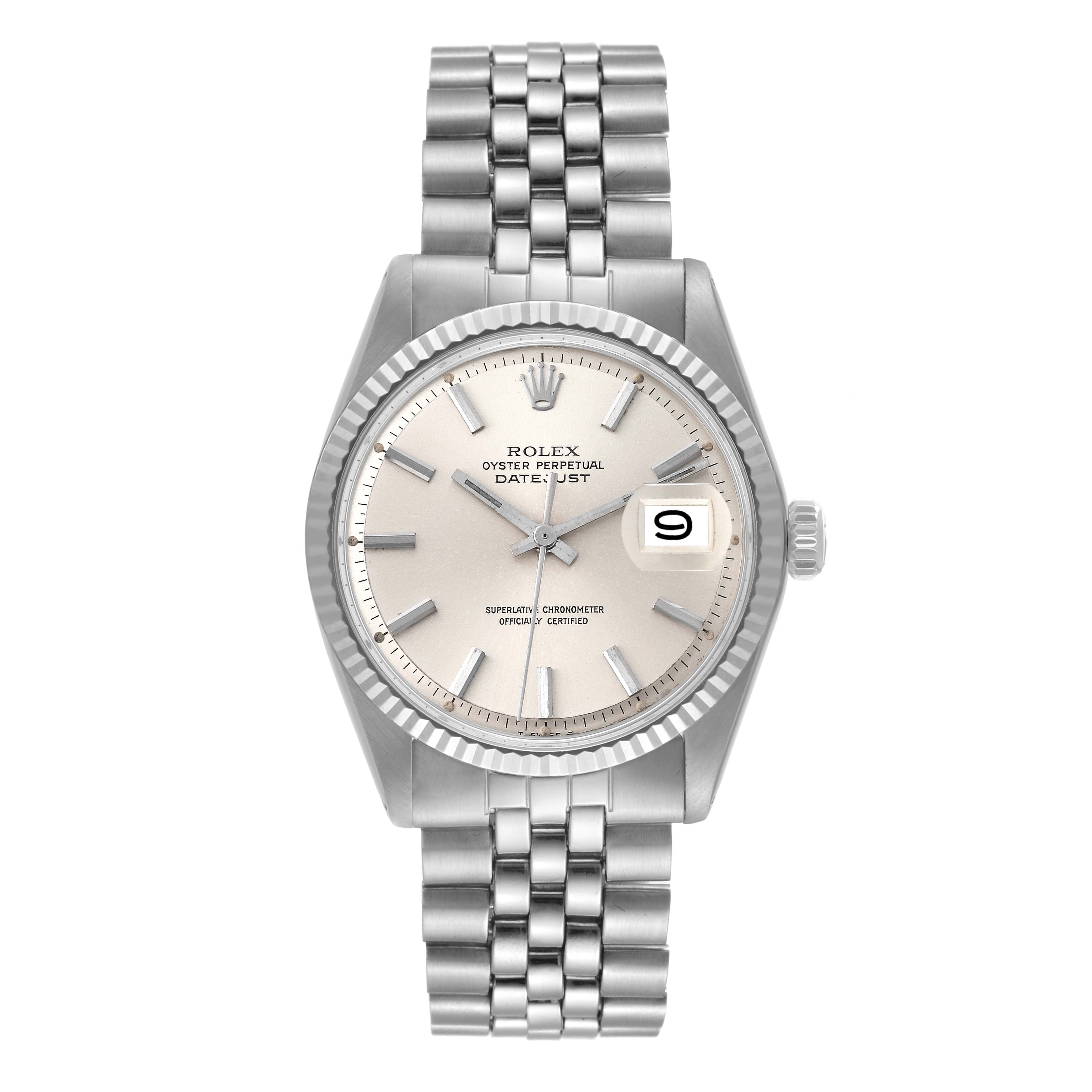 The image shows a front view of a Rolex Vintage Collection 1601 Men's Stainless Steel Silver Dial 1601 Men's Stainless Steel Silver Dial Datejust watch, showcasing the dial, bezel, and bracelet.