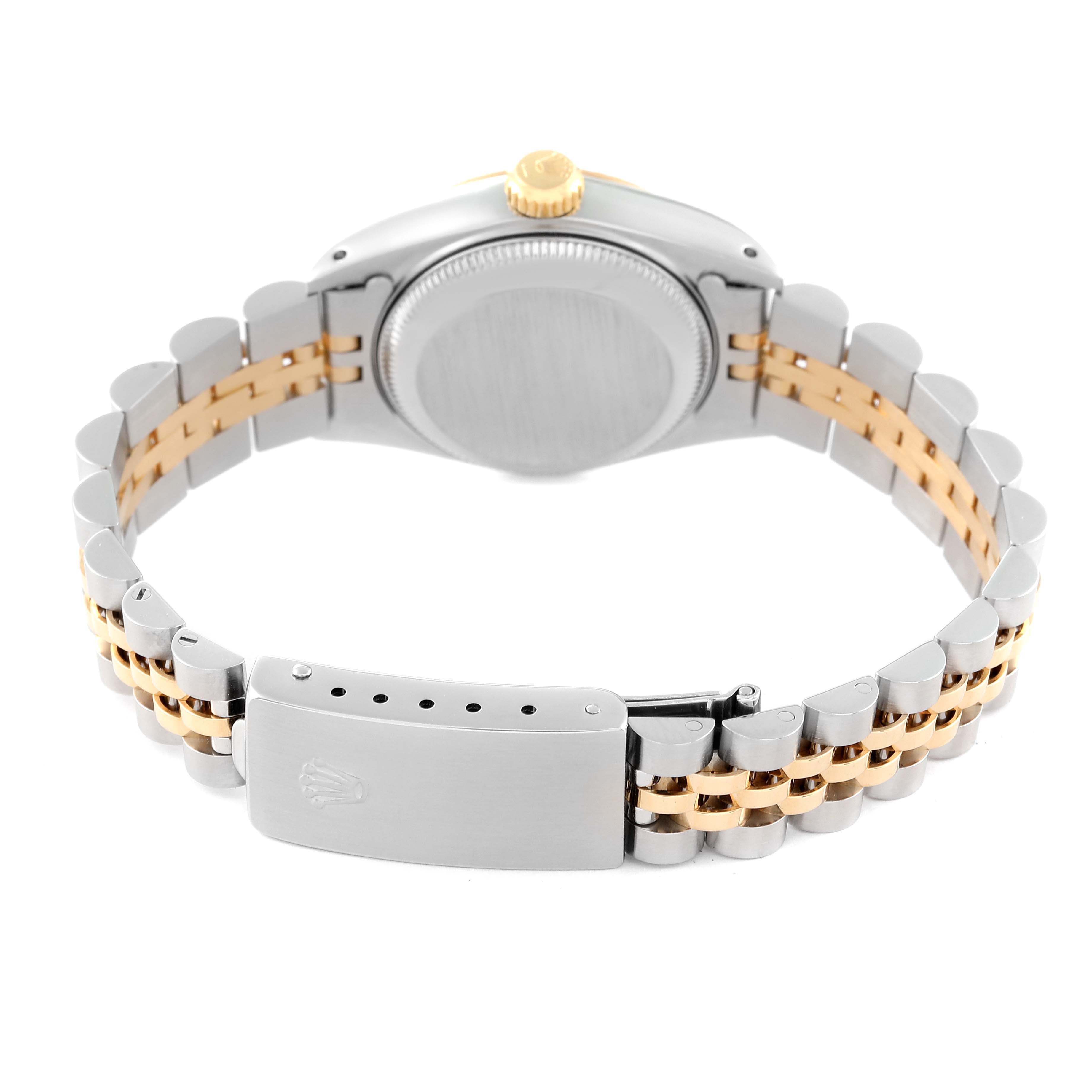 The image shows the back case and Jubilee bracelet of the Rolex Datejust 69173 Women's Steel and Gold (two tone) Champagne Dial 69173 Women's Steel and Gold (two tone) Champagne Dial watch from a rear angle.