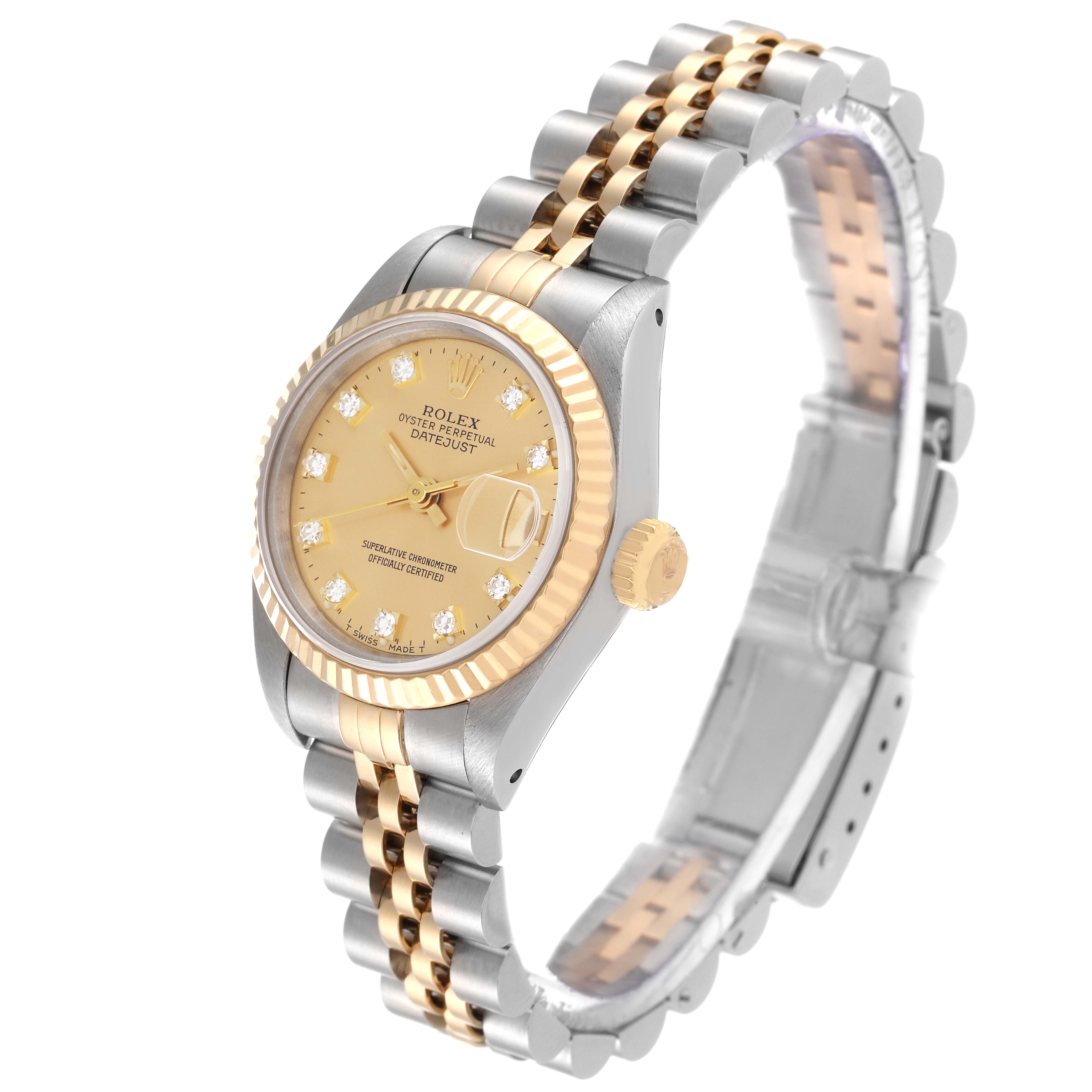 This image shows a Rolex Datejust 69173 Women's Steel and Gold (two tone) Champagne Dial 69173 Women's Steel and Gold (two tone) Champagne Dial watch at a three-quarter angle, highlighting the dial, bezel, crown, and Jubilee bracelet.