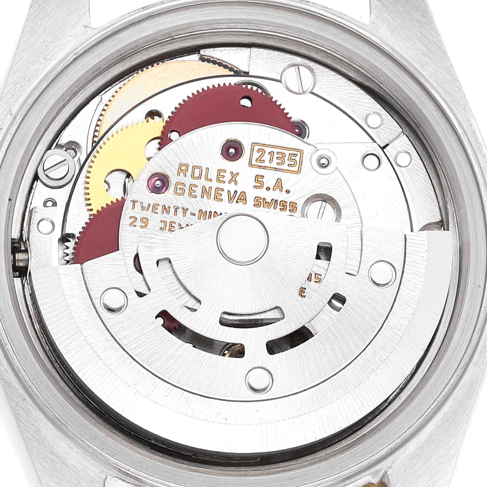 This image shows the inner mechanism and movement of a Rolex Datejust 69173 Women's Steel and Gold (two tone) Champagne Dial 69173 Women's Steel and Gold (two tone) Champagne Dial watch from a back angle.