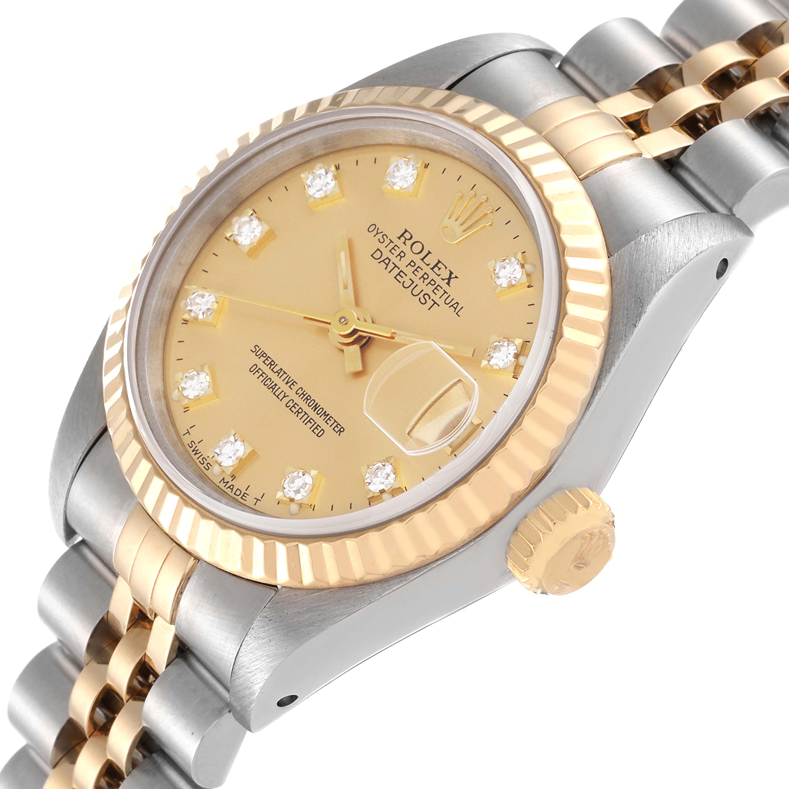 This image shows the Rolex Datejust 69173 Women's Steel and Gold (two tone) Champagne Dial 69173 Women's Steel and Gold (two tone) Champagne Dial watch from an angled side view, highlighting the dial, bezel, crown, and bracelet.