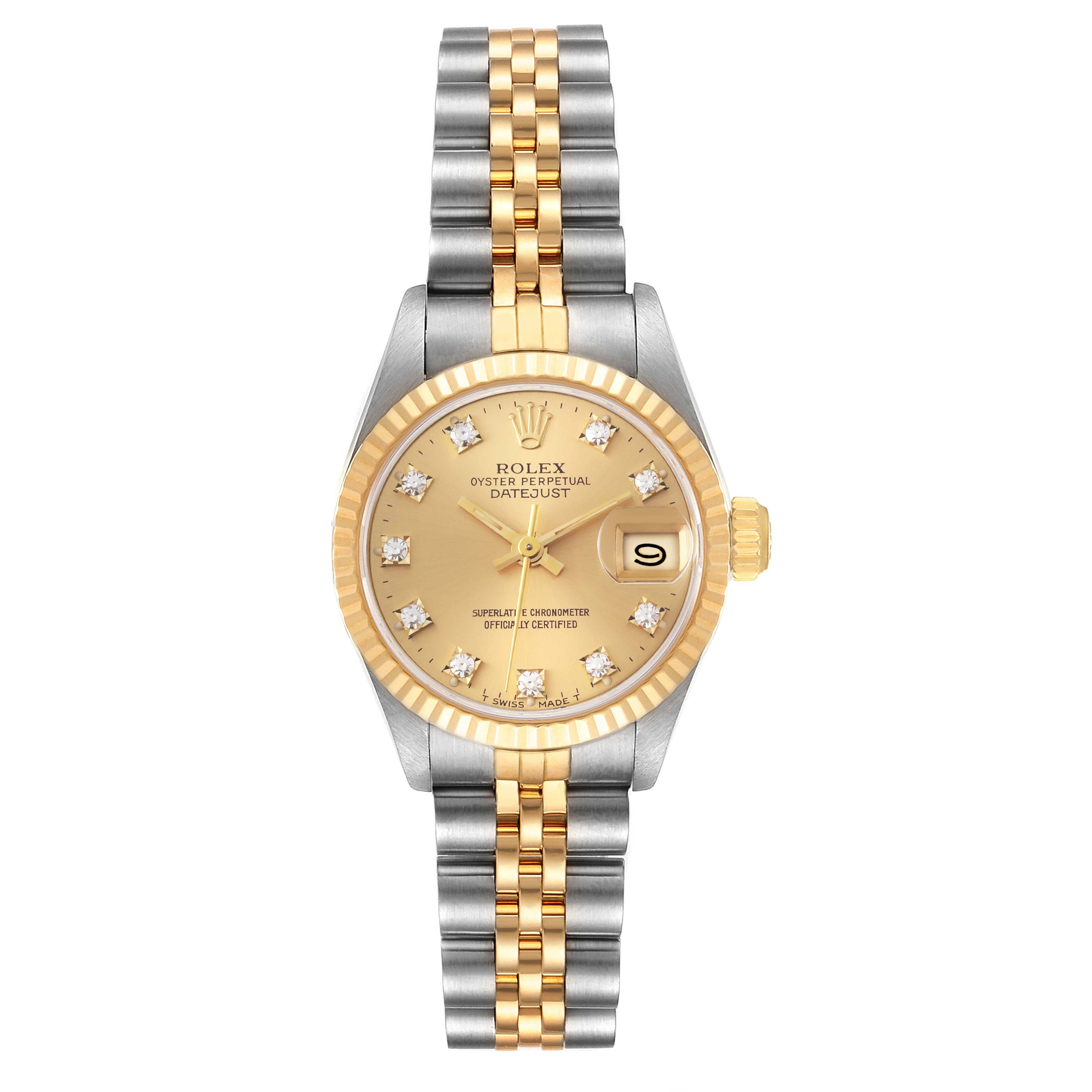 The Rolex Datejust 69173 Women's Steel and Gold (two tone) Champagne Dial 69173 Women's Steel and Gold (two tone) Champagne Dial watch is shown from a top-down angle, displaying the dial, bezel, and entire bracelet.