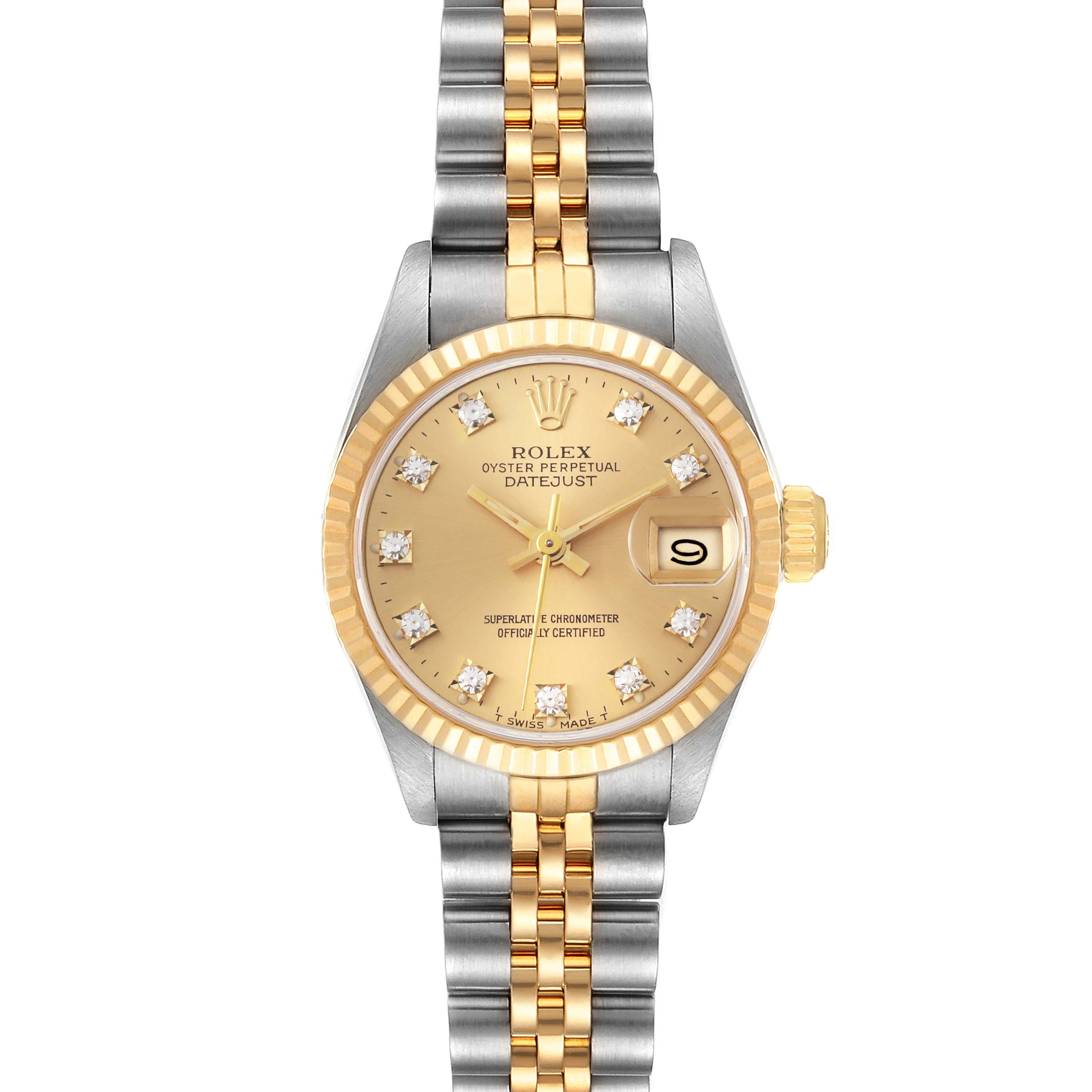 The image shows a Rolex Datejust 69173 Women's Steel and Gold (two tone) Champagne Dial 69173 Women's Steel and Gold (two tone) Champagne Dial watch from a front angle, displaying its face, bezel, and two-tone bracelet.