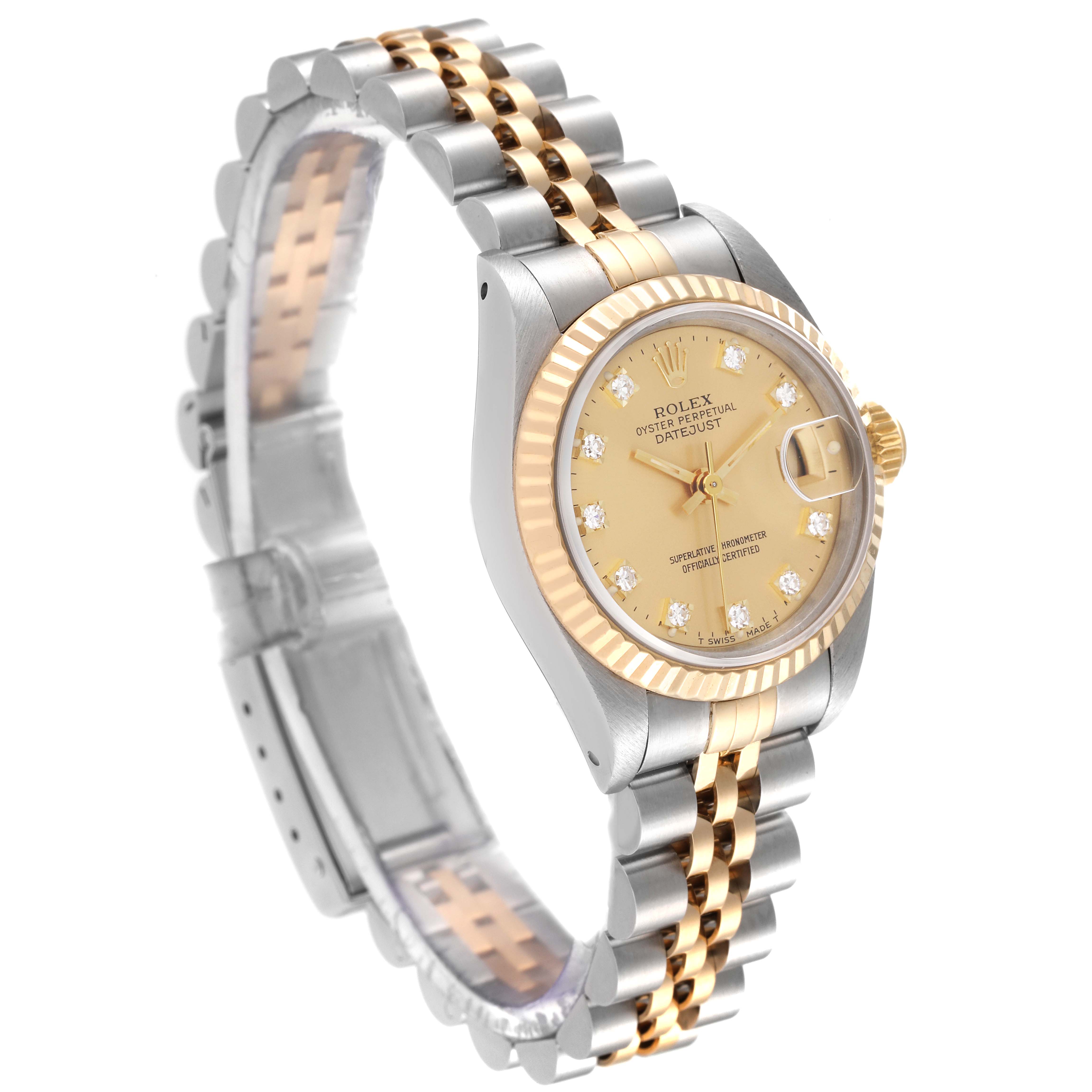 The image shows a Rolex Datejust 69173 Women's Steel and Gold (two tone) Champagne Dial 69173 Women's Steel and Gold (two tone) Champagne Dial watch with a side angle, highlighting the dial, bezel, and Jubilee bracelet.