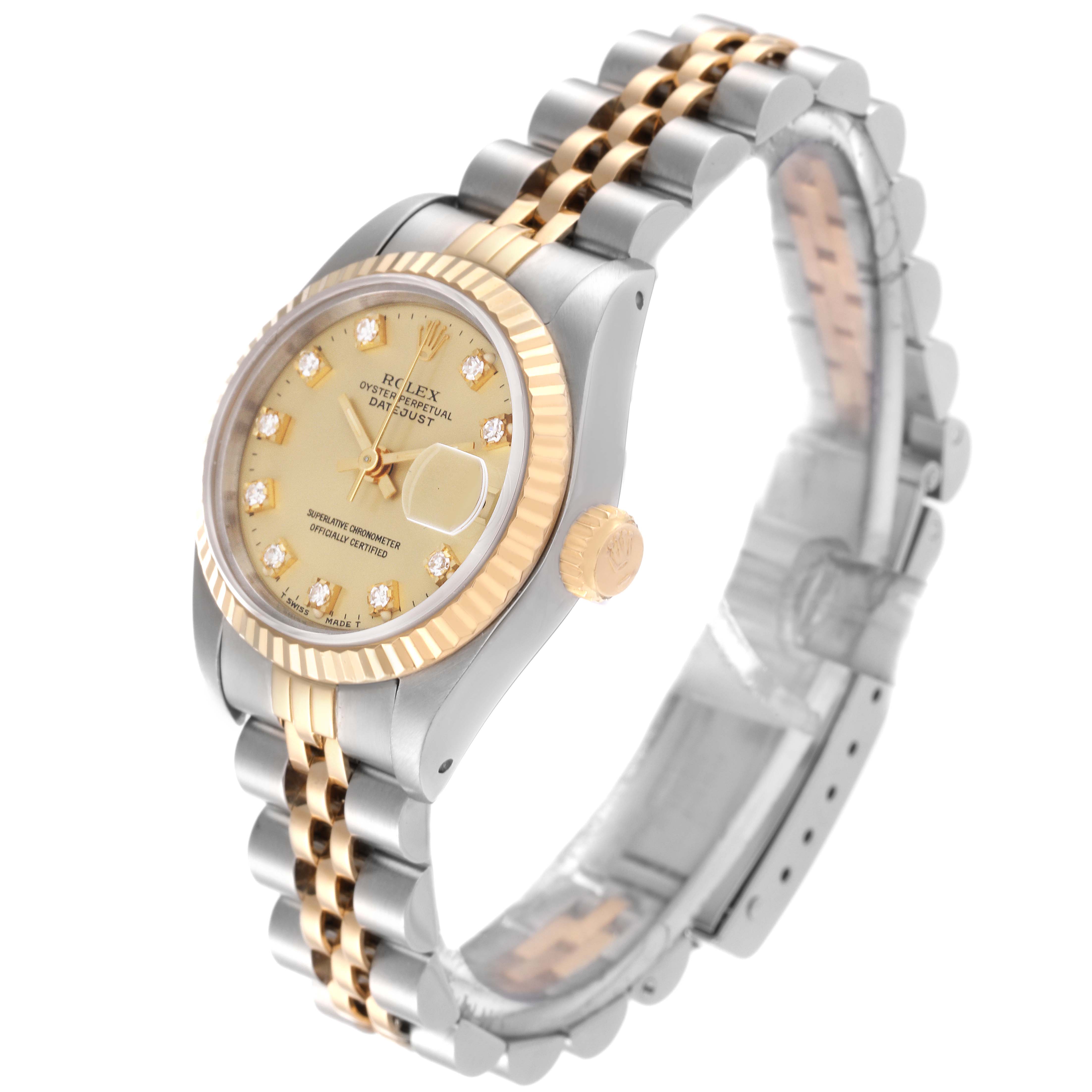 This Rolex Datejust 69173 Women's Steel and Gold (two tone) Champagne Dial 69173 Women's Steel and Gold (two tone) Champagne Dial watch is shown from a front-left angle, featuring the bezel, dial, crown, and part of the bracelet.
