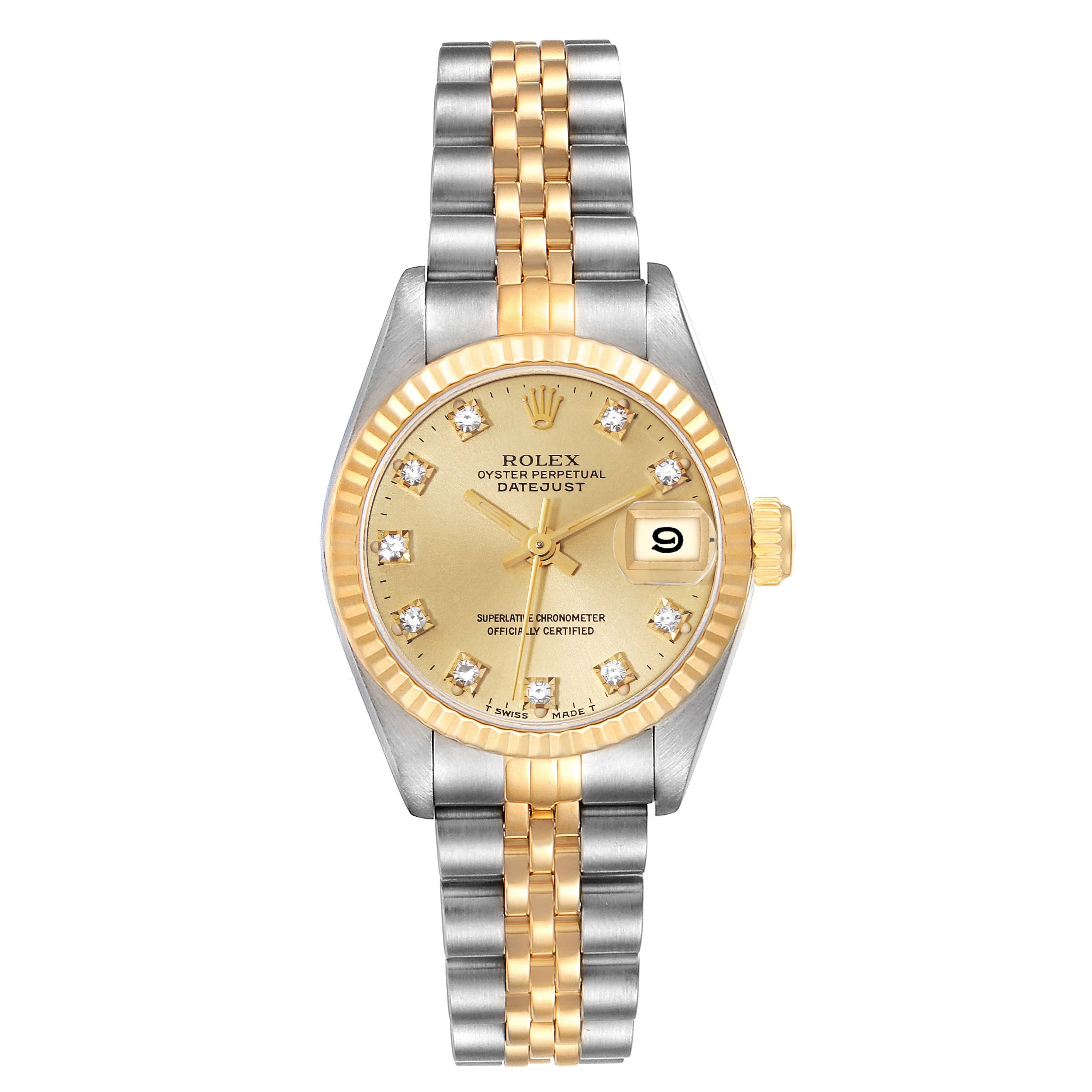 This image shows a frontal view of a Rolex Datejust 69173 Women's Steel and Gold (two tone) Champagne Dial 69173 Women's Steel and Gold (two tone) Champagne Dial watch, displaying the dial, bezel, and bracelet.