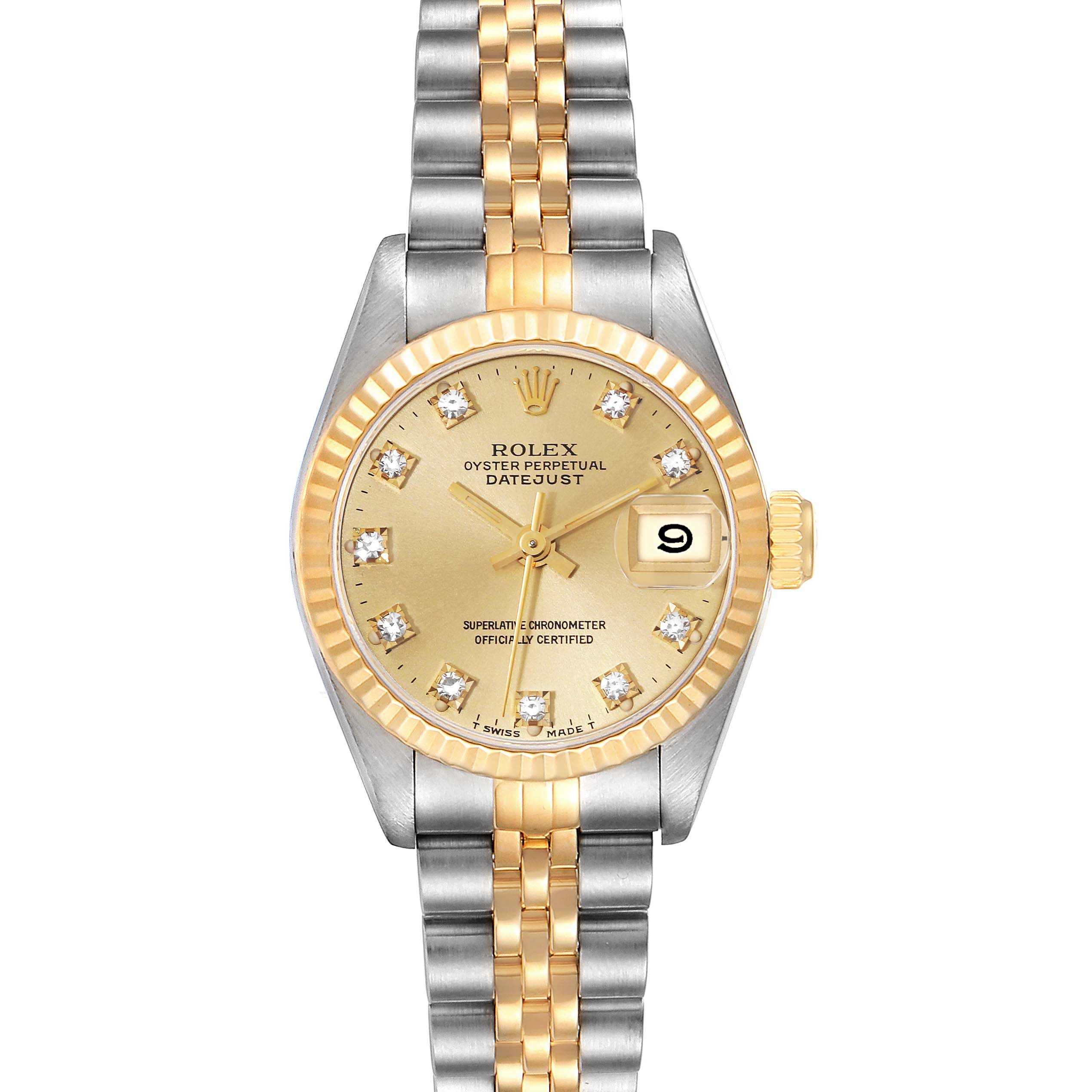 The image shows a front view of a Rolex Datejust 69173 Women's Steel and Gold (two tone) Champagne Dial 69173 Women's Steel and Gold (two tone) Champagne Dial watch, highlighting the dial, bezel, and two-tone bracelet.