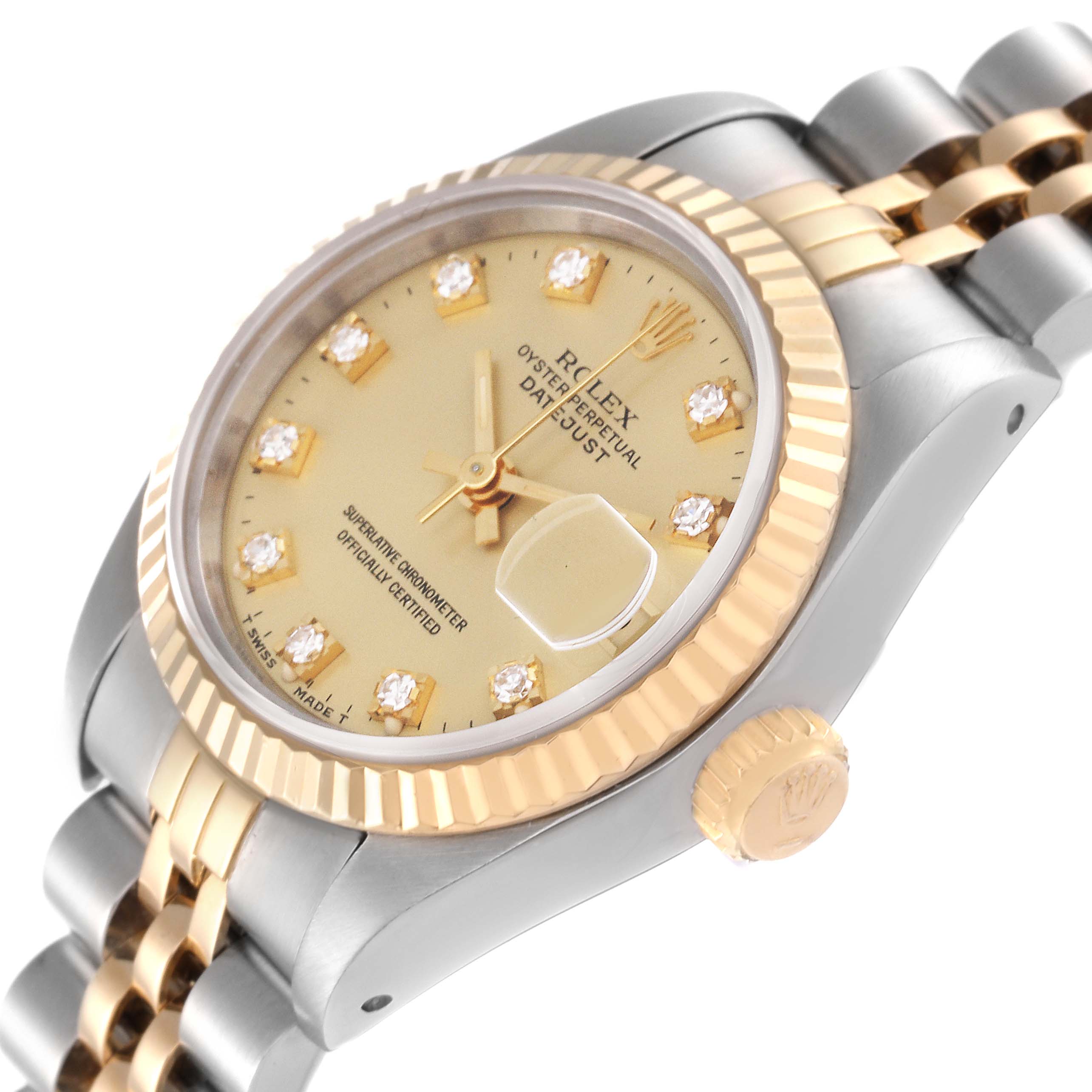 The image shows a side angle of a Rolex Datejust 69173 Women's Steel and Gold (two tone) Champagne Dial 69173 Women's Steel and Gold (two tone) Champagne Dial watch, highlighting the gold and silver case, crown, and diamond hour markers.