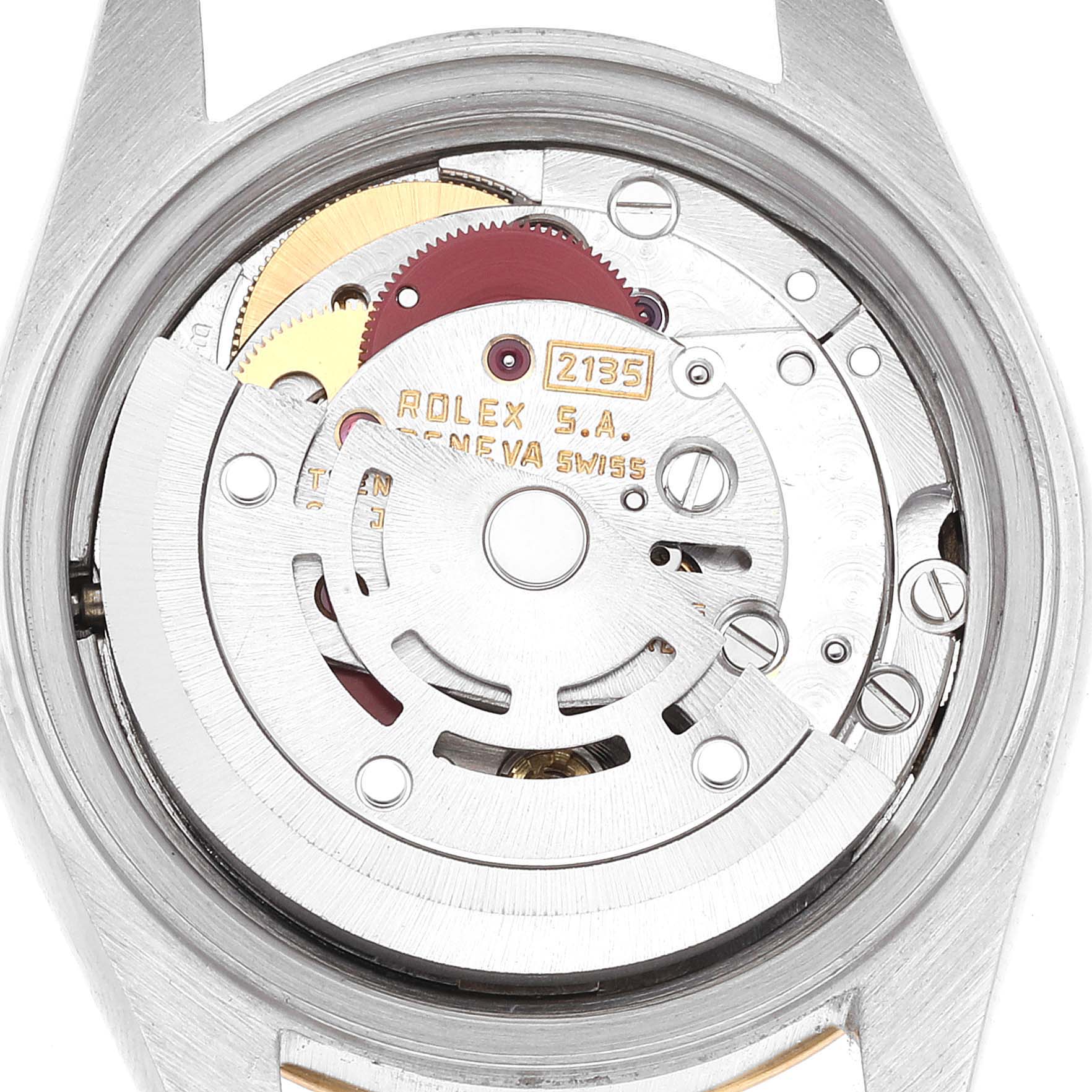 The image shows the internal movement mechanism of the Rolex Datejust 69173 Women's Steel and Gold (two tone) Champagne Dial 69173 Women's Steel and Gold (two tone) Champagne Dial watch viewed from the back case, revealing gears and rotors.