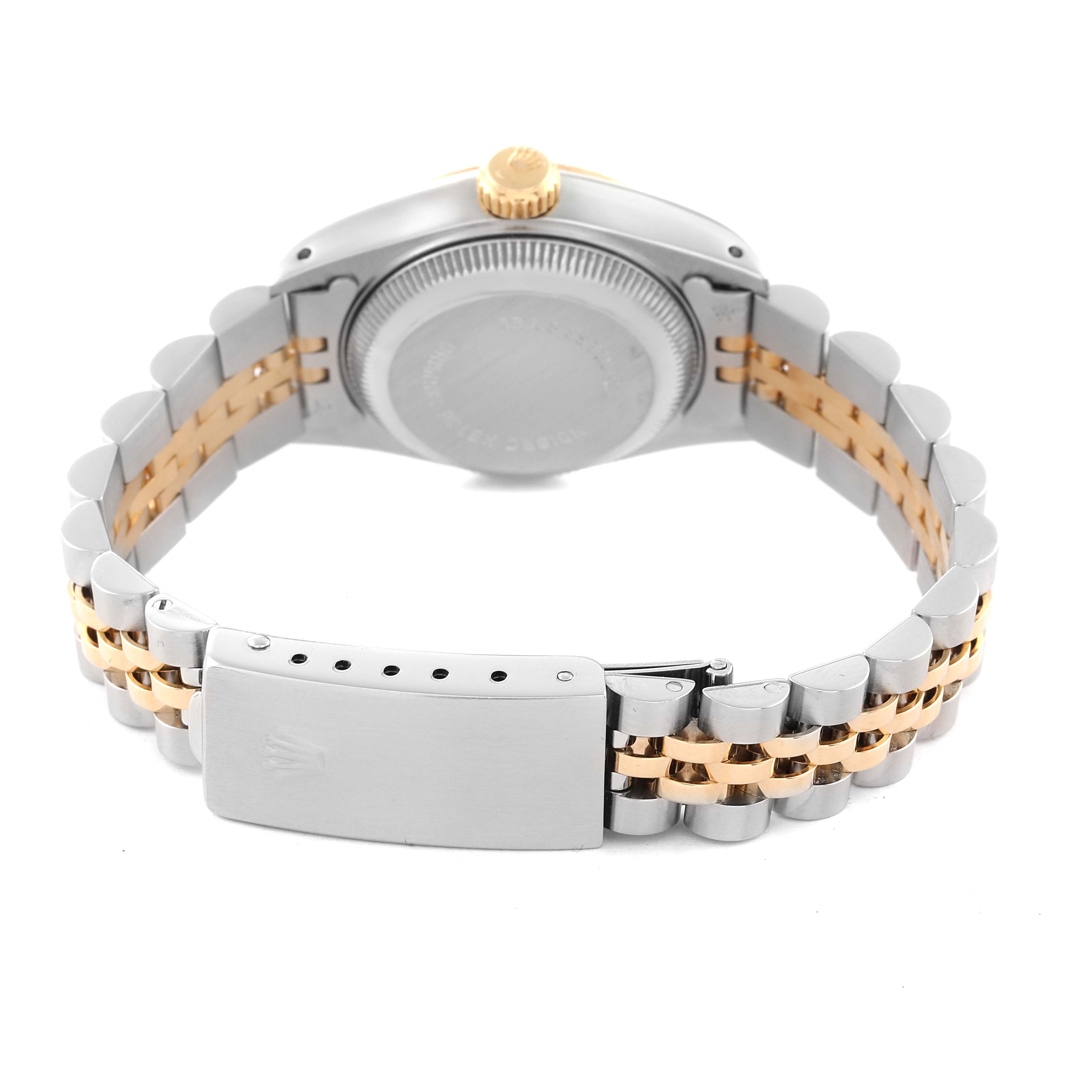 This image shows the back of a Rolex Datejust 69173 Women's Steel and Gold (two tone) Champagne Dial 69173 Women's Steel and Gold (two tone) Champagne Dial watch, highlighting the case back, crown, and two-tone Jubilee bracelet with the clasp.