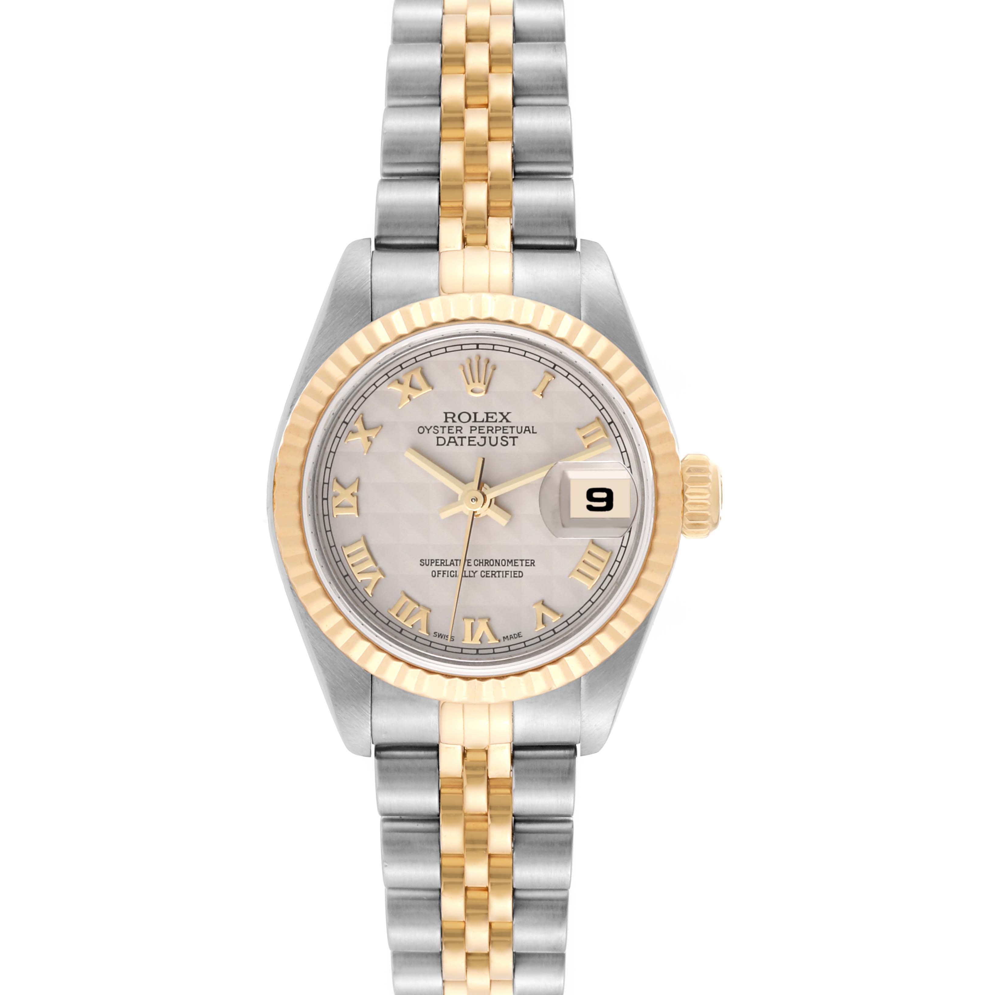 This is a Rolex Datejust 79173 Women's Steel and Gold (two tone) Beige Dial 79173 Women's Steel and Gold (two tone) Beige Dial watch shown from the front, highlighting the dial, bezel, hands, date window, and bracelet.