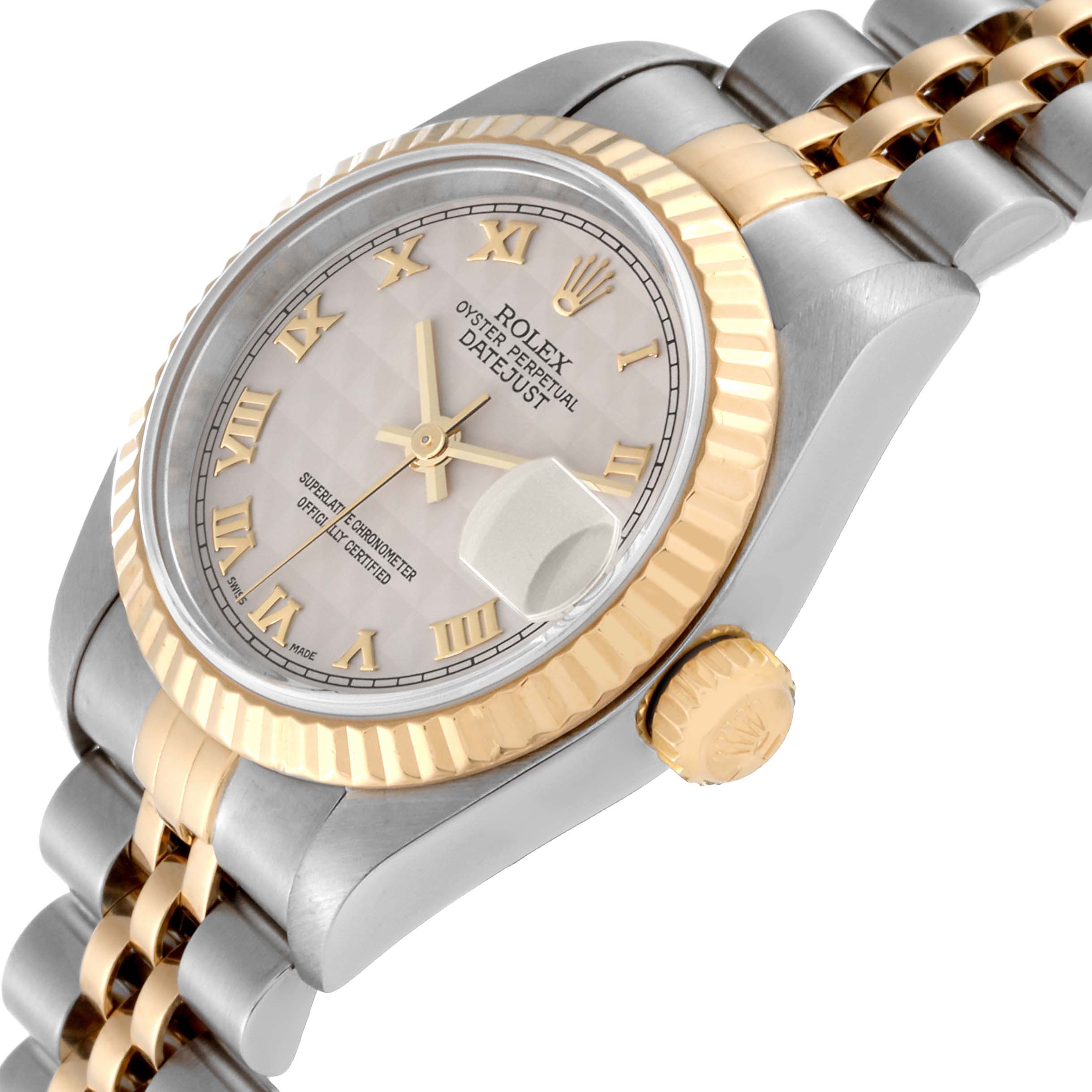 The image shows a side angle of the Rolex Datejust 79173 Women's Steel and Gold (two tone) Beige Dial 79173 Women's Steel and Gold (two tone) Beige Dial's face, bezel, crown, and part of its bracelet.