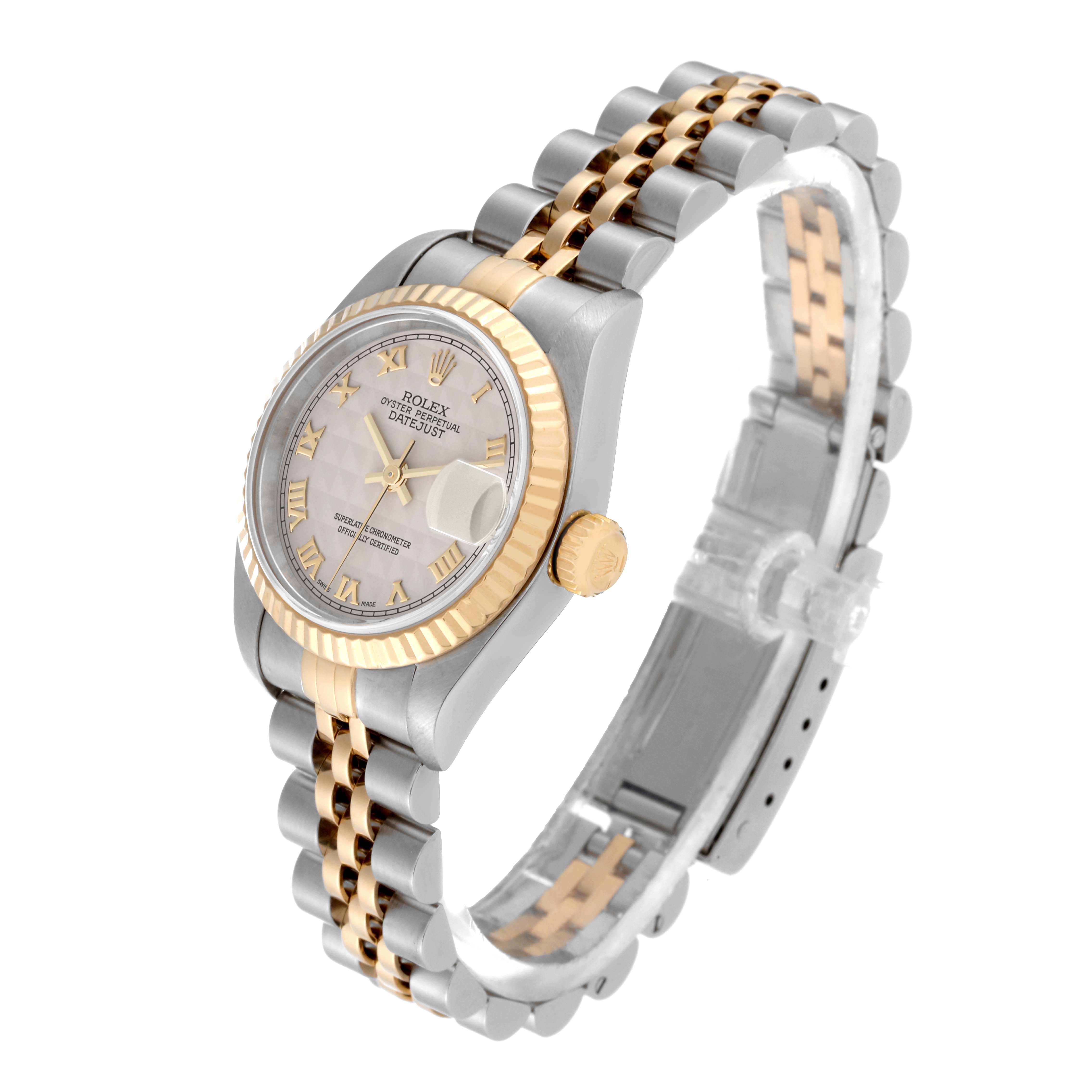 The image shows a Rolex Datejust 79173 Women's Steel and Gold (two tone) Beige Dial 79173 Women's Steel and Gold (two tone) Beige Dial watch at a three-quarter angle, highlighting the dial, bezel, crown, and Jubilee bracelet.