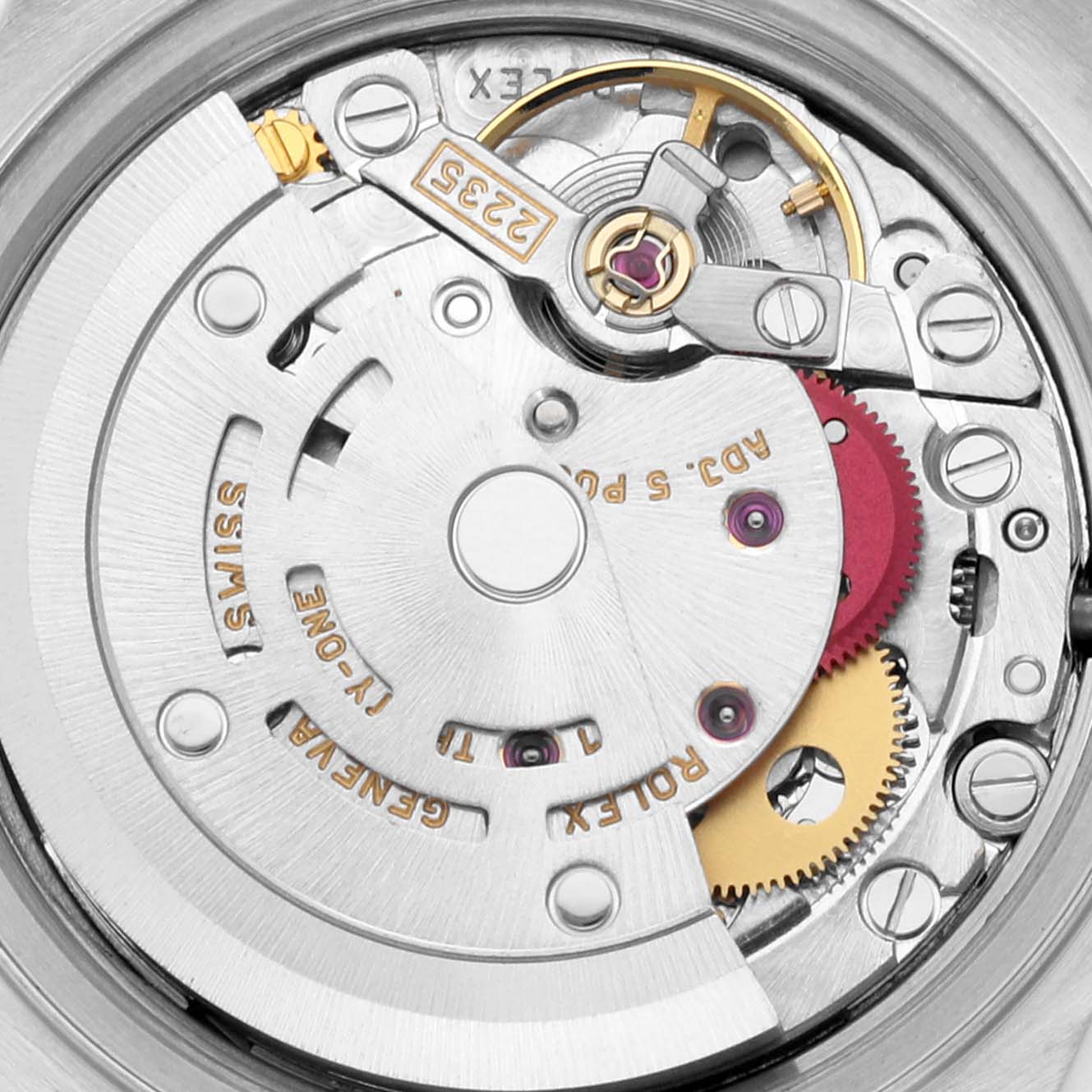 The image shows the intricate internal mechanism of a Rolex Datejust 79173 Women's Steel and Gold (two tone) Beige Dial 79173 Women's Steel and Gold (two tone) Beige Dial watch viewed from the back.