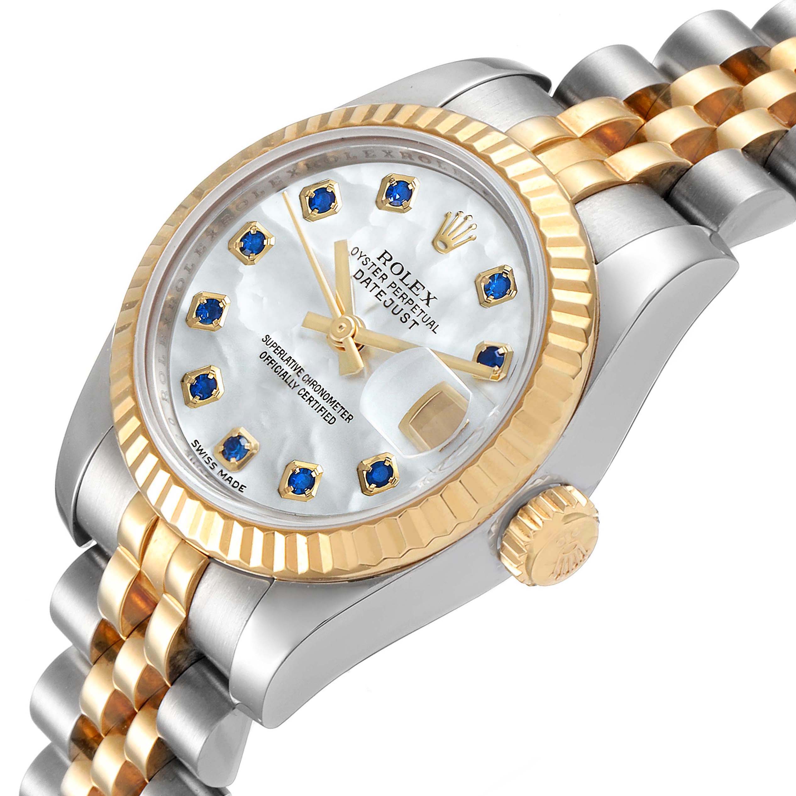 The image shows a Rolex Datejust 179173 Women's Steel and Gold (two tone) Mother of Pearl Dial 179173 Women's Steel and Gold (two tone) Mother of Pearl Dial watch from an angled side view, focusing on the dial, bezel, crown, and part of the bracelet.