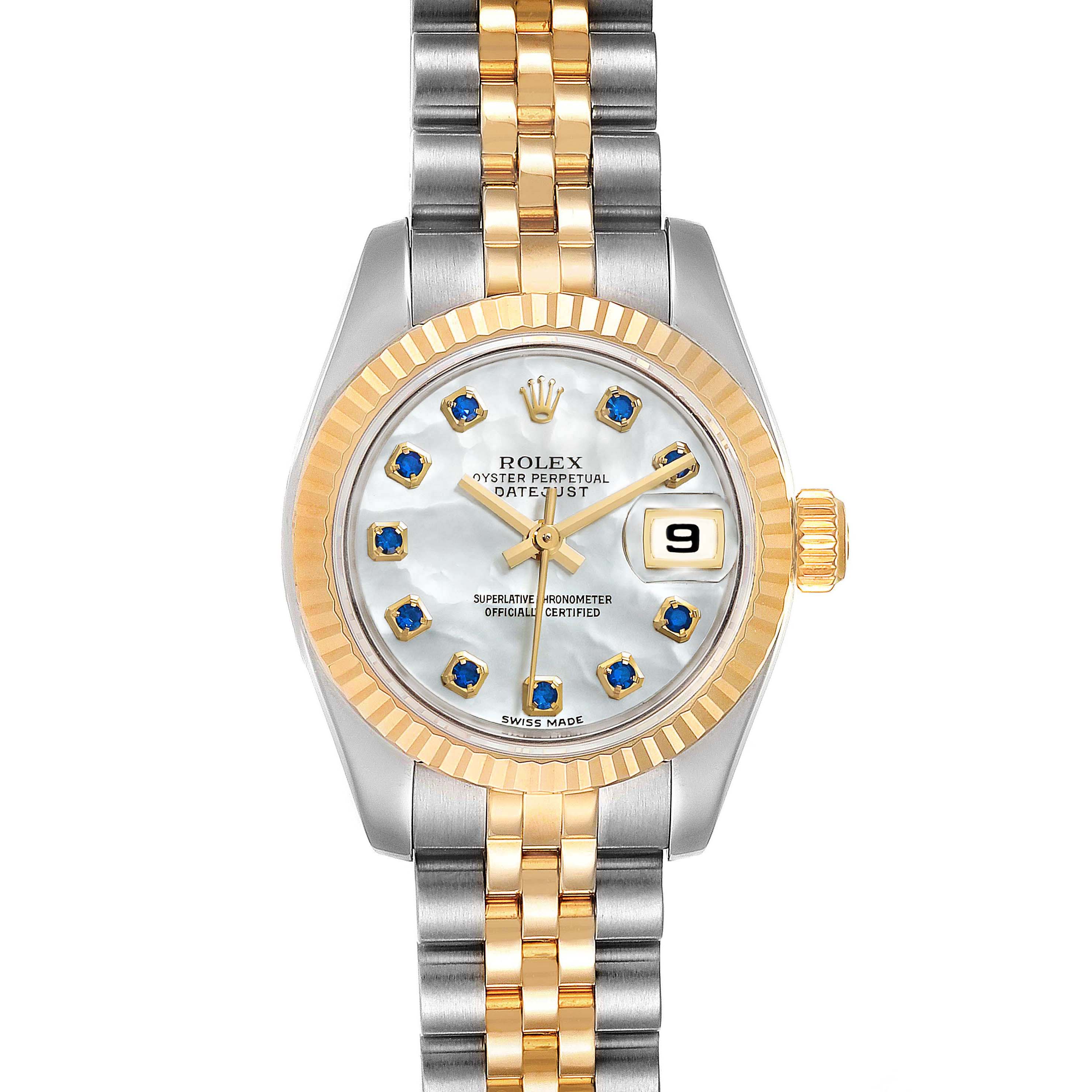 The image shows a front view of a Rolex Datejust 179173 Women's Steel and Gold (two tone) Mother of Pearl Dial 179173 Women's Steel and Gold (two tone) Mother of Pearl Dial watch with a two-tone bracelet and a mother-of-pearl dial.