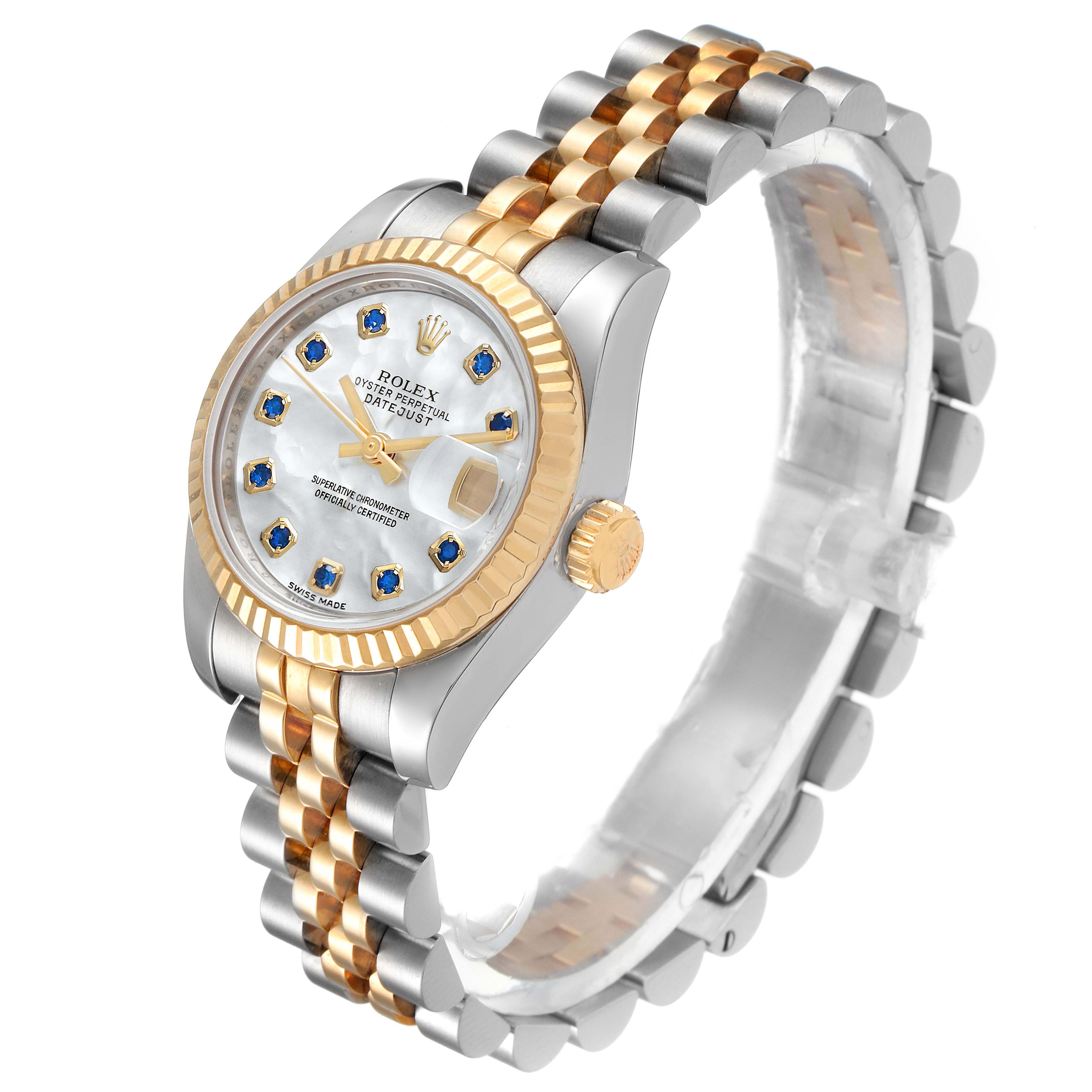 This image shows a Rolex Datejust 179173 Women's Steel and Gold (two tone) Mother of Pearl Dial 179173 Women's Steel and Gold (two tone) Mother of Pearl Dial watch from a front angle, highlighting the face, bezel, crown, and two-tone bracelet.