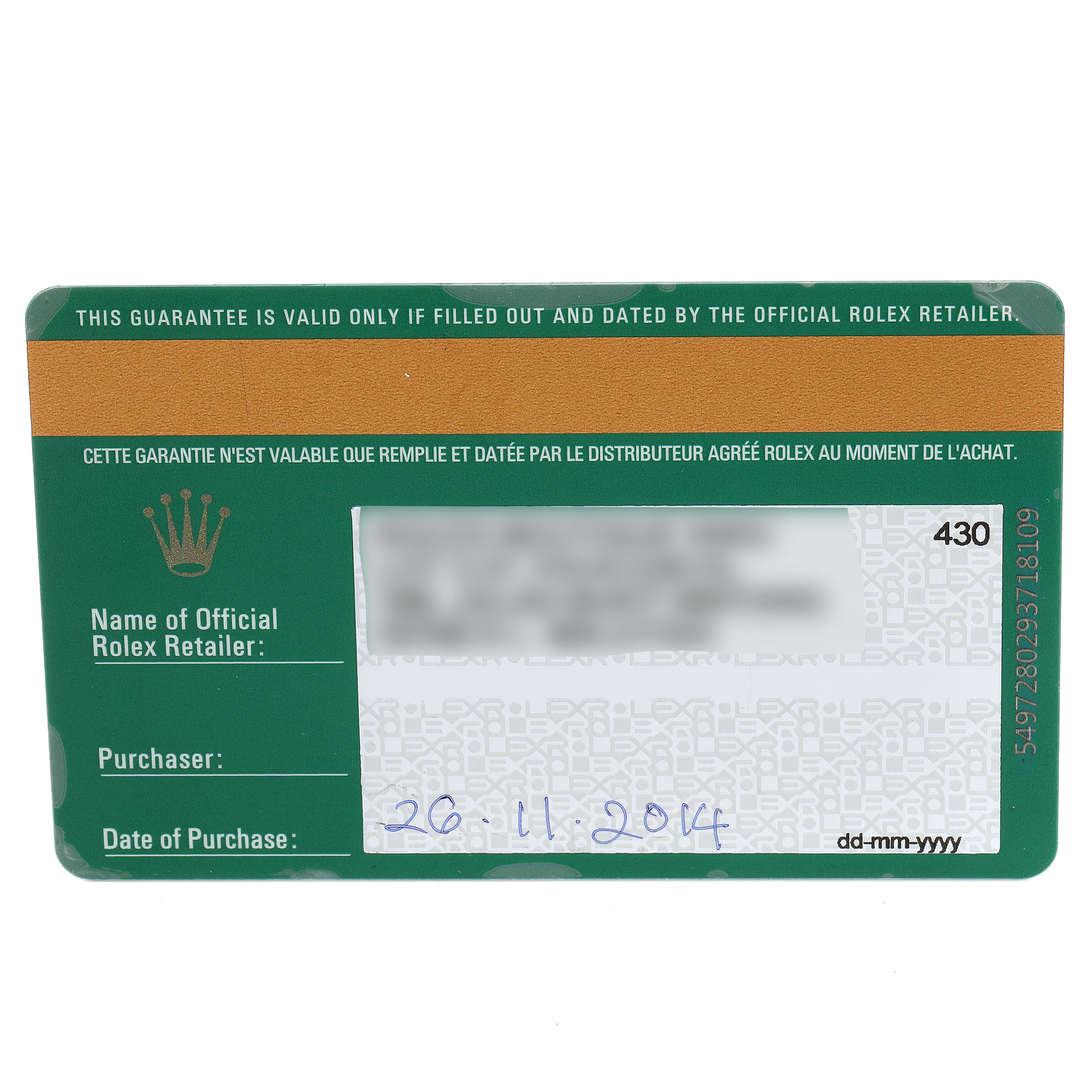 The image shows the warranty card of a Rolex Datejust 179173 Women's Steel and Gold (two tone) Mother of Pearl Dial 179173 Women's Steel and Gold (two tone) Mother of Pearl Dial watch.