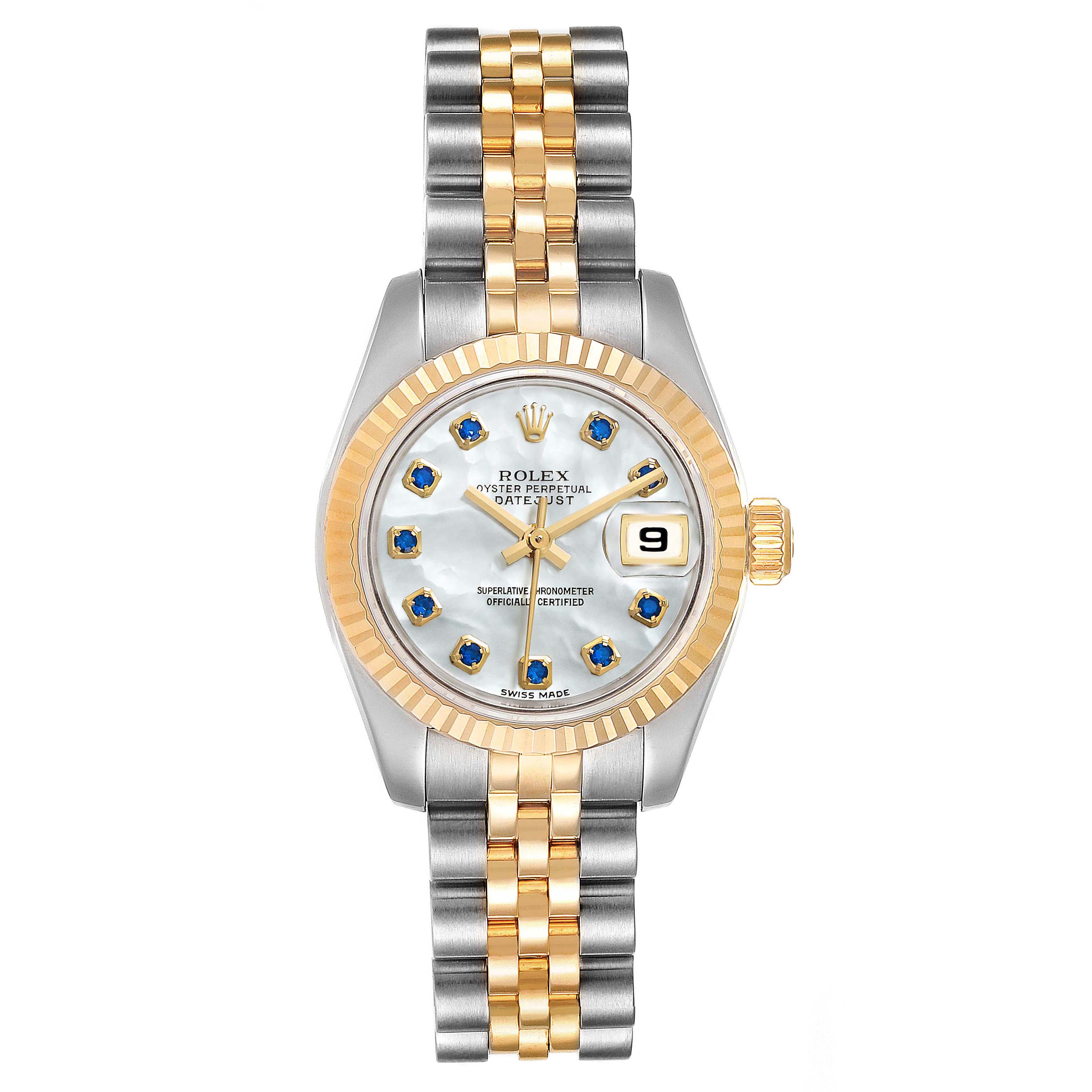 This is a front view of a Rolex Datejust 179173 Women's Steel and Gold (two tone) Mother of Pearl Dial 179173 Women's Steel and Gold (two tone) Mother of Pearl Dial watch, showing the dial, bezel, bracelet, and date window.