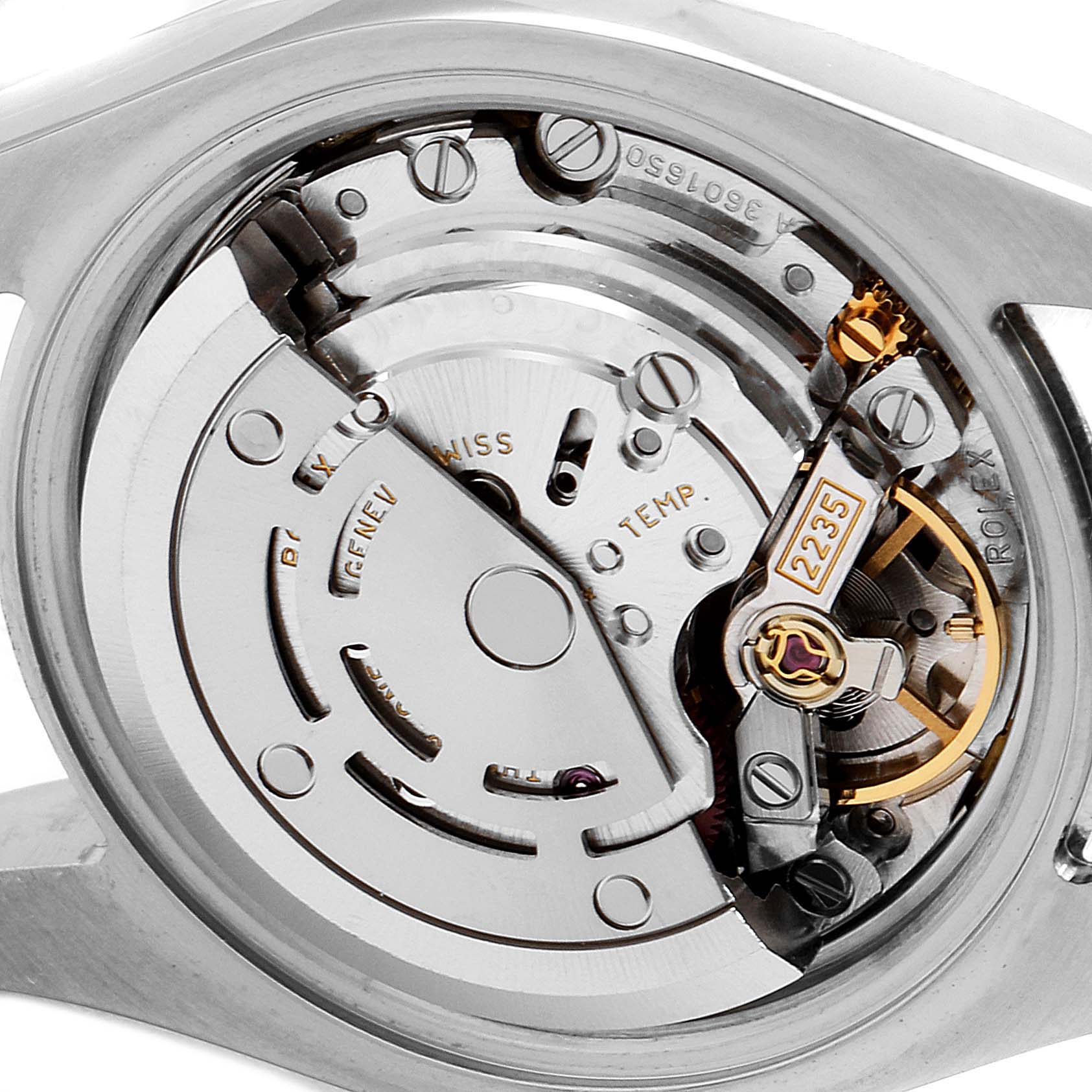 The image shows the internal mechanical movement of a Rolex Datejust 179173 Women's Steel and Gold (two tone) Mother of Pearl Dial 179173 Women's Steel and Gold (two tone) Mother of Pearl Dial watch, including gears, screws, and other components.