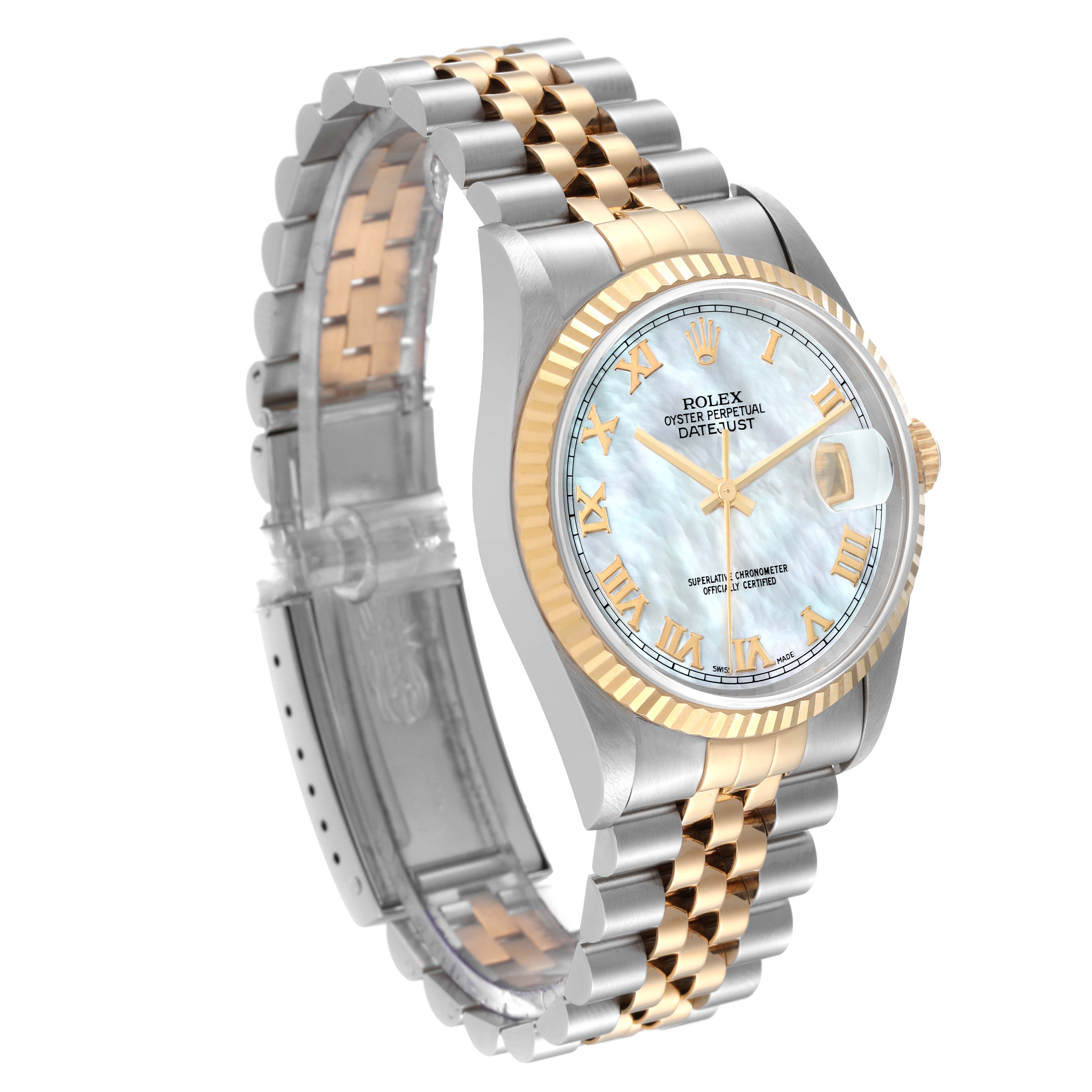 The Rolex Datejust 16233 Men's Steel and Gold (two tone) Mother of Pearl Dial 16233 Men's Steel and Gold (two tone) Mother of Pearl Dial watch is shown at a slight angle, highlighting its two-tone bracelet, fluted bezel, and dial with Roman numerals.