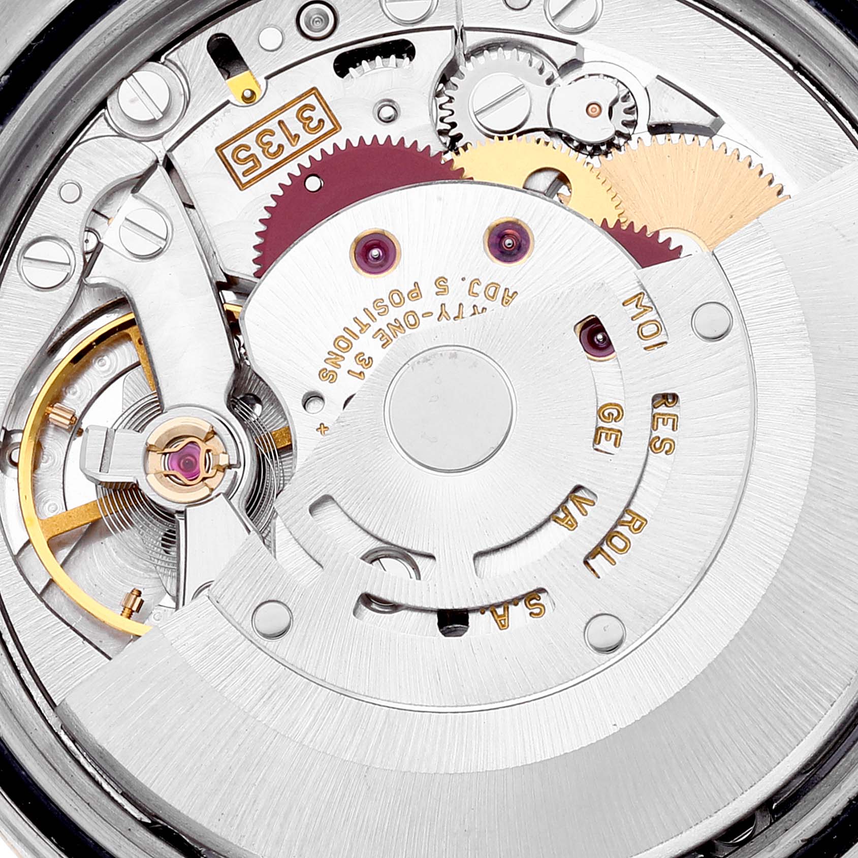 The image shows the movement and internal mechanism of a Rolex Datejust 16233 Men's Steel and Gold (two tone) Mother of Pearl Dial 16233 Men's Steel and Gold (two tone) Mother of Pearl Dial watch from a top-down angle.