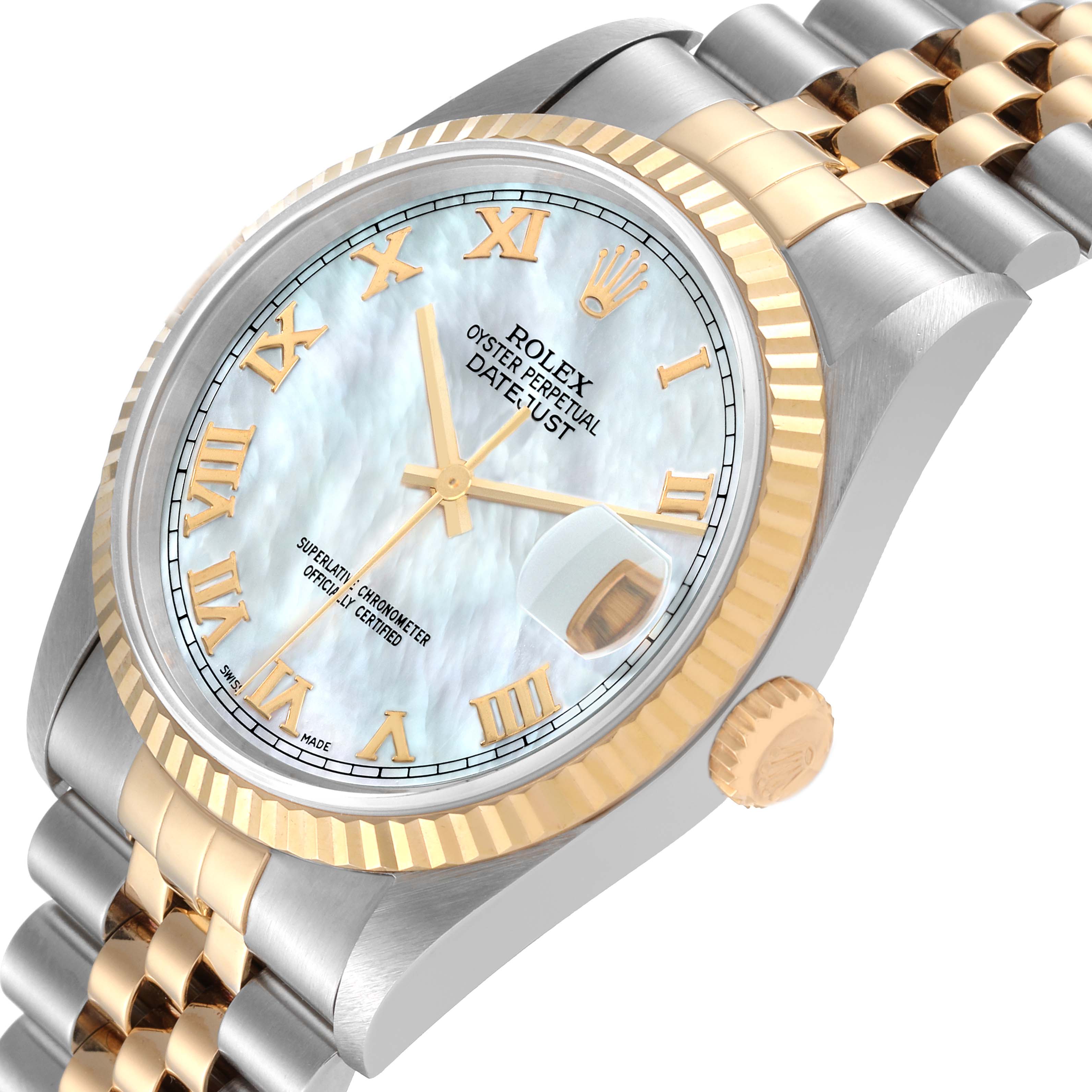 The Rolex Datejust 16233 Men's Steel and Gold (two tone) Mother of Pearl Dial 16233 Men's Steel and Gold (two tone) Mother of Pearl Dial watch is shown at an angle displaying the face, bezel, and part of the bracelet.