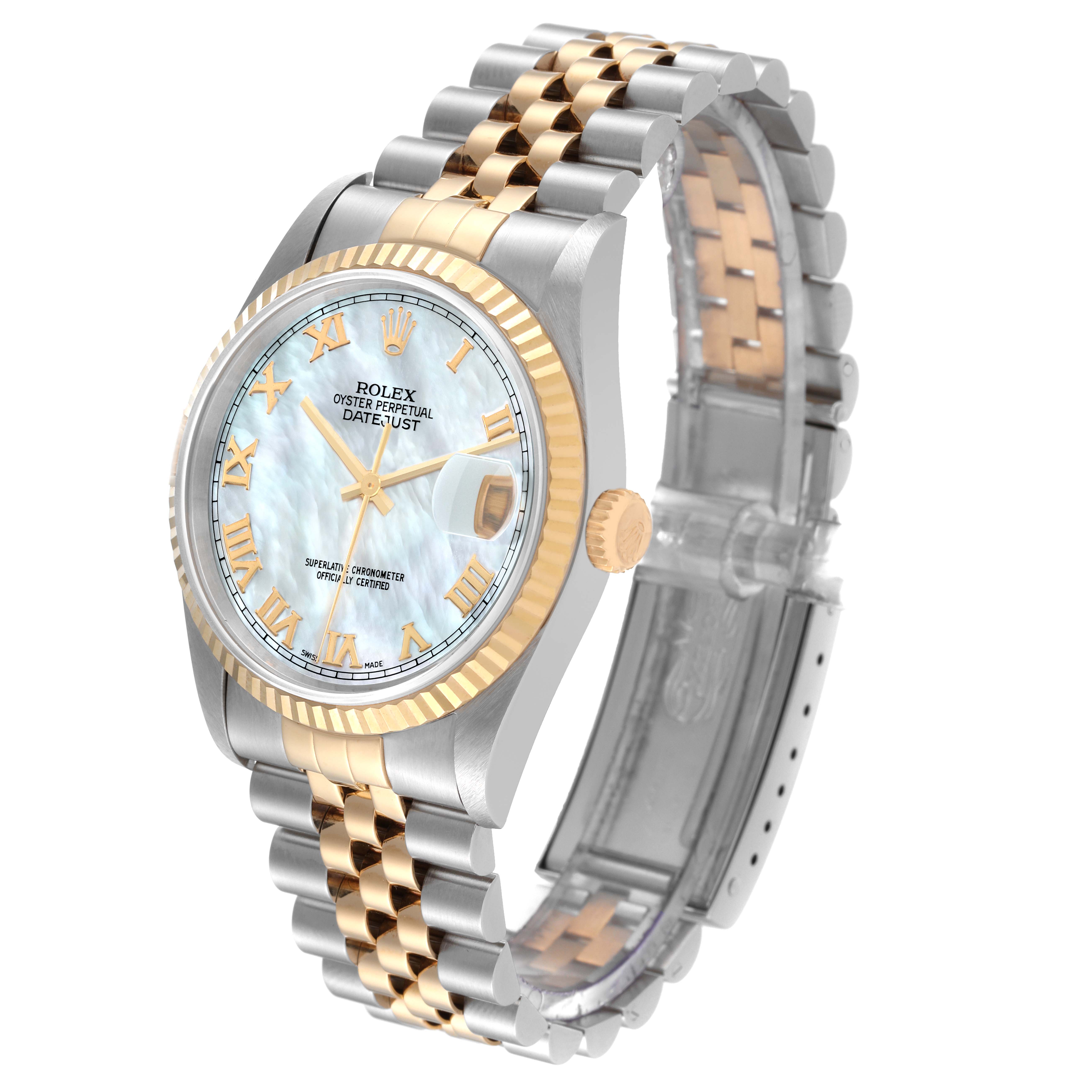 The image shows a Rolex Datejust 16233 Men's Steel and Gold (two tone) Mother of Pearl Dial 16233 Men's Steel and Gold (two tone) Mother of Pearl Dial watch at a three-quarter angle featuring its two-tone bracelet and fluted bezel.
