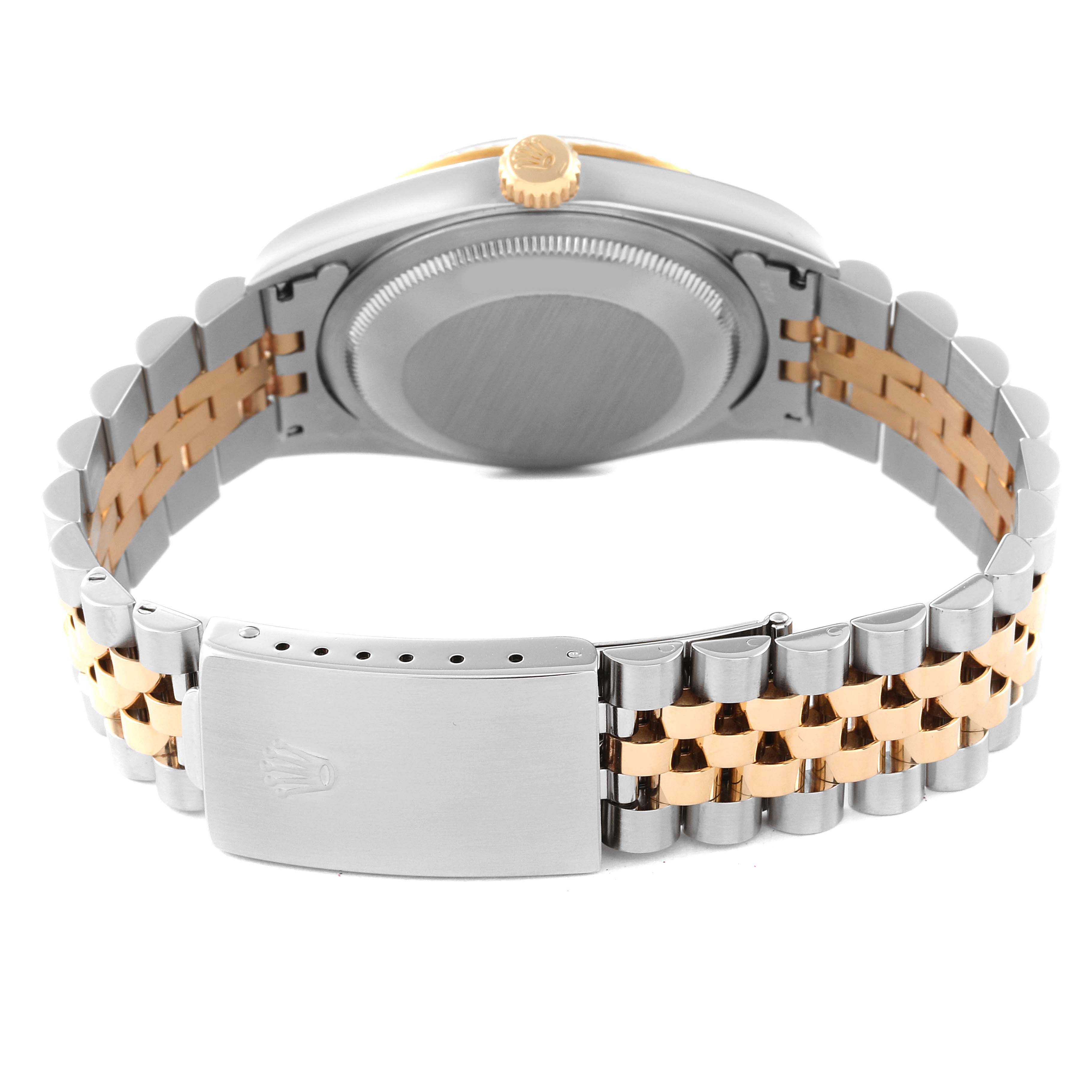 The image shows the back view of a Rolex Datejust 16233 Men's Steel and Gold (two tone) Mother of Pearl Dial 16233 Men's Steel and Gold (two tone) Mother of Pearl Dial model watch, including the case back, bracelet, and clasp.