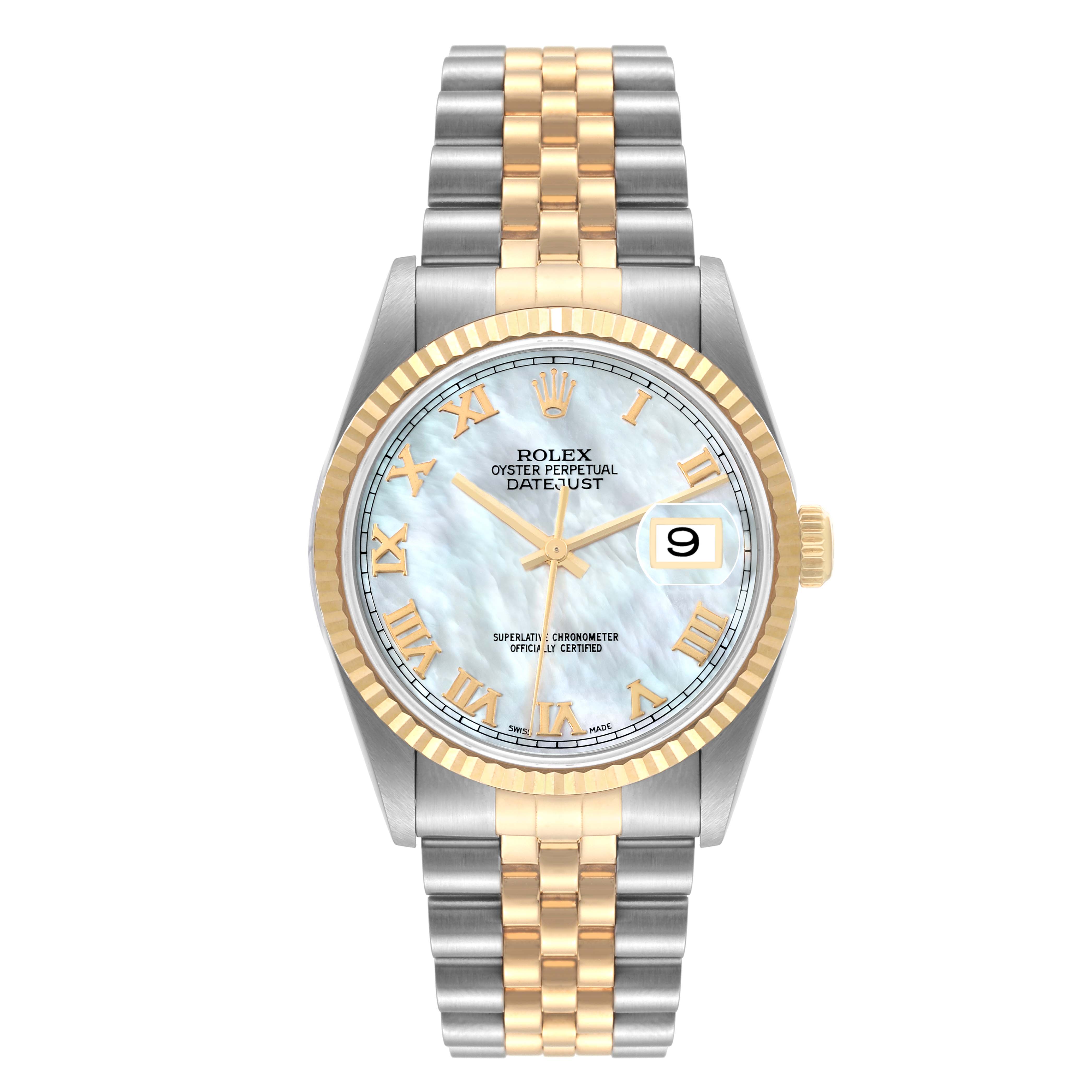 This image shows a front view of a Rolex Datejust 16233 Men's Steel and Gold (two tone) Mother of Pearl Dial 16233 Men's Steel and Gold (two tone) Mother of Pearl Dial watch, displaying its dial, bezel, crown, and two-tone bracelet.
