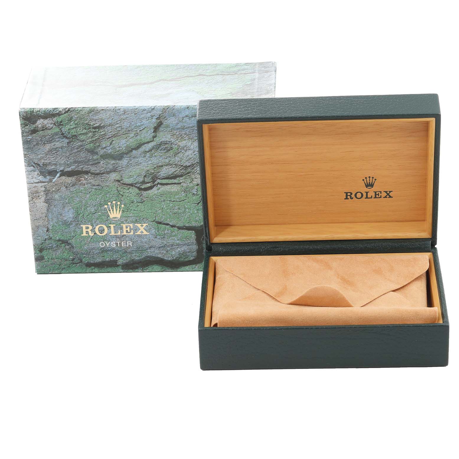 The image shows a Rolex Datejust 16233 Men's Steel and Gold (two tone) Mother of Pearl Dial 16233 Men's Steel and Gold (two tone) Mother of Pearl Dial watch box and its packaging, with the box open and a beige pouch inside.