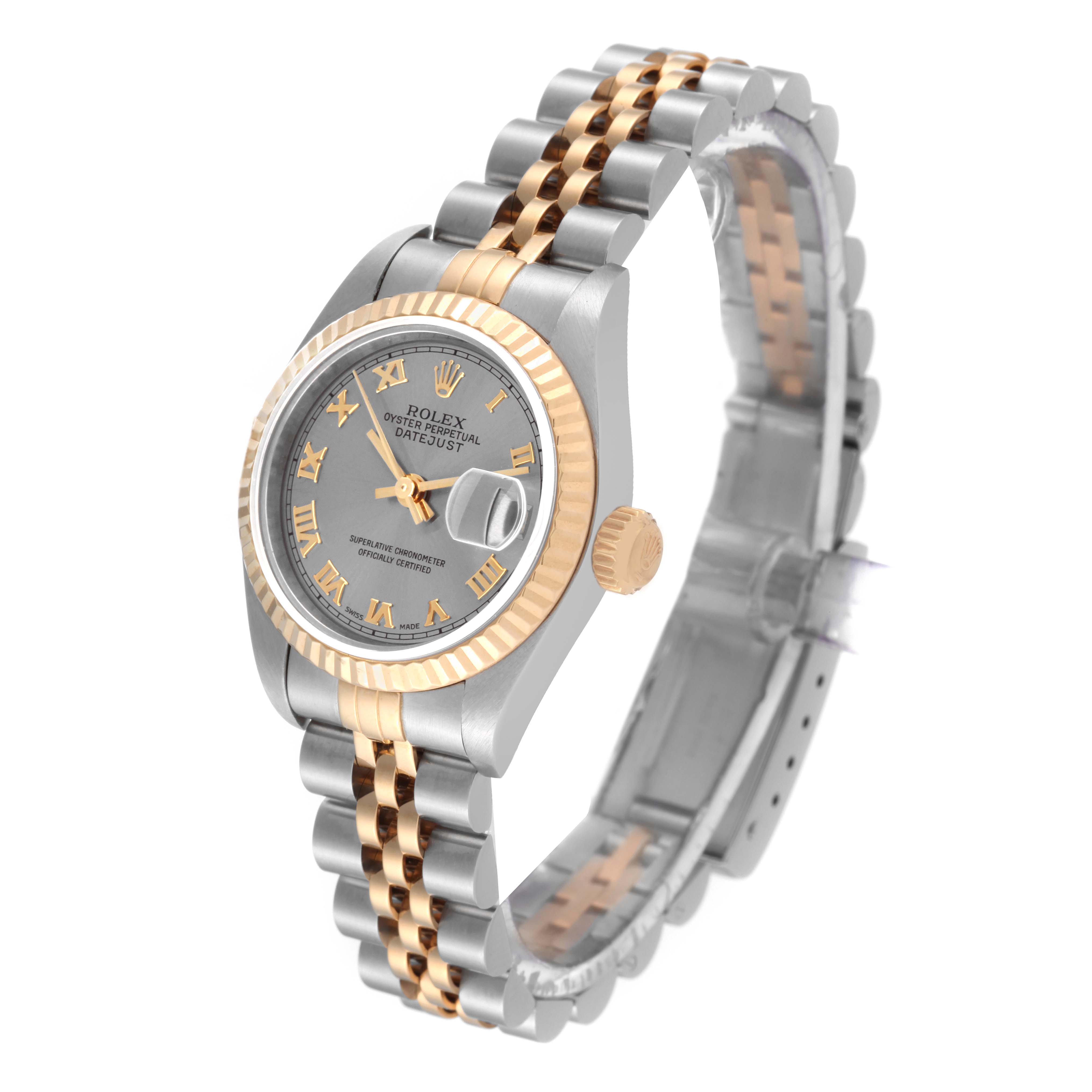 This Rolex Datejust 79173 Women's Steel and Gold (two tone) Grey Dial 79173 Women's Steel and Gold (two tone) Grey Dial watch is shown at a three-quarter angle, highlighting its face, bezel, crown, and Jubilee bracelet.