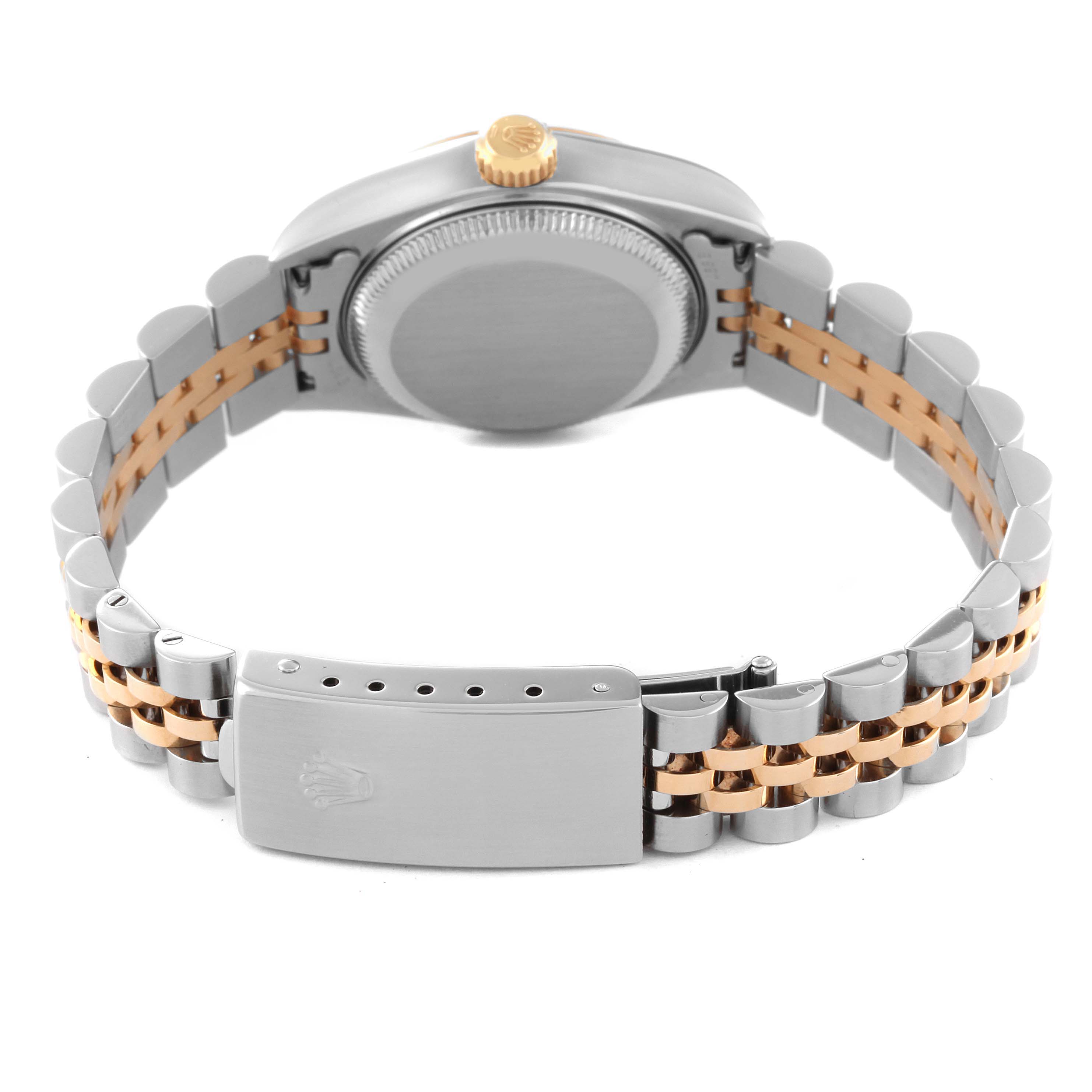 The image shows the back case and bracelet of a Rolex Datejust 79173 Women's Steel and Gold (two tone) Grey Dial 79173 Women's Steel and Gold (two tone) Grey Dial watch, including the crown and clasp.