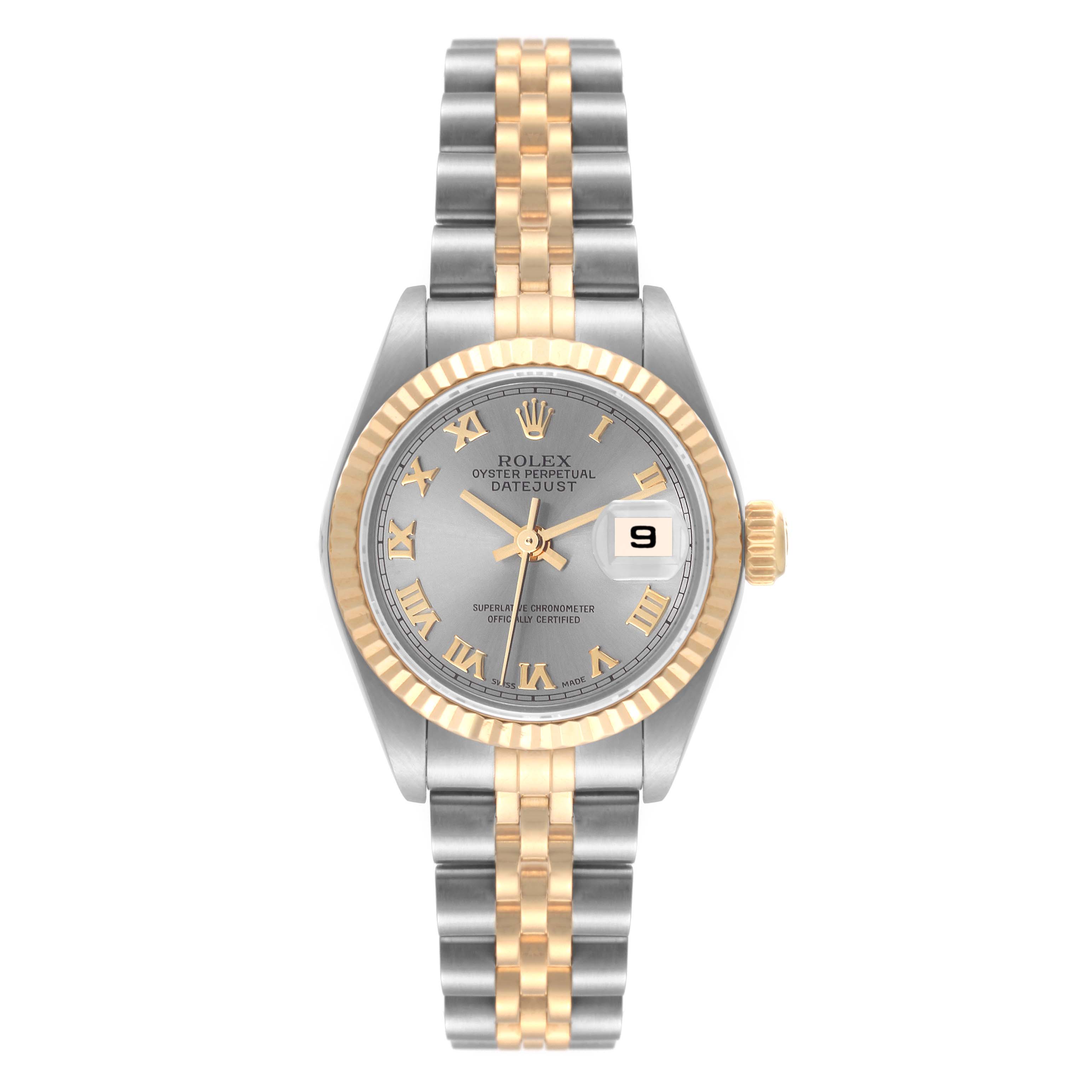 This is a front view of a Rolex Datejust 79173 Women's Steel and Gold (two tone) Grey Dial 79173 Women's Steel and Gold (two tone) Grey Dial watch showing the face, bezel, crown, and bracelet.