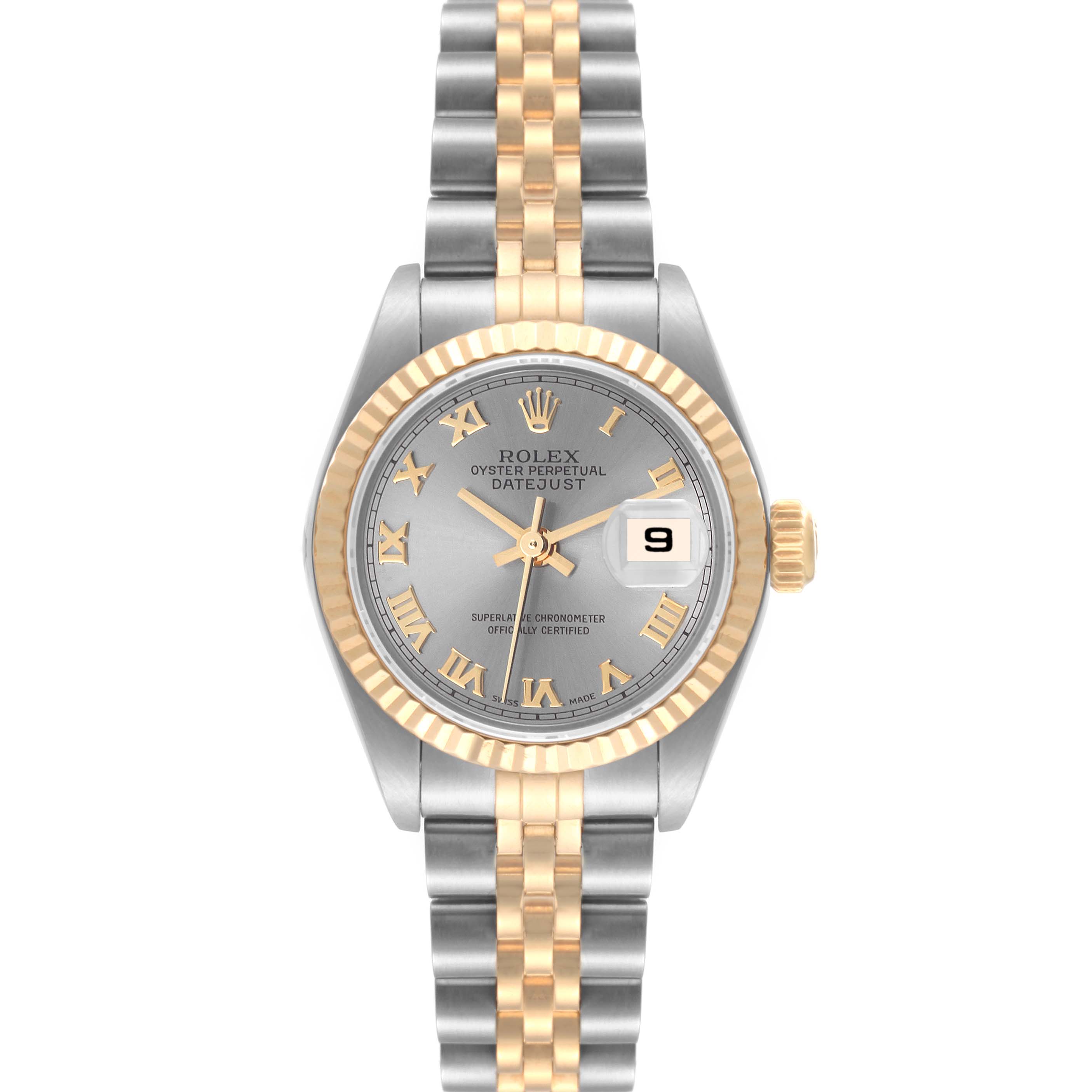 This image shows the front view of a Rolex Datejust 79173 Women's Steel and Gold (two tone) Grey Dial 79173 Women's Steel and Gold (two tone) Grey Dial watch, featuring its dial, bezel, and bracelet.