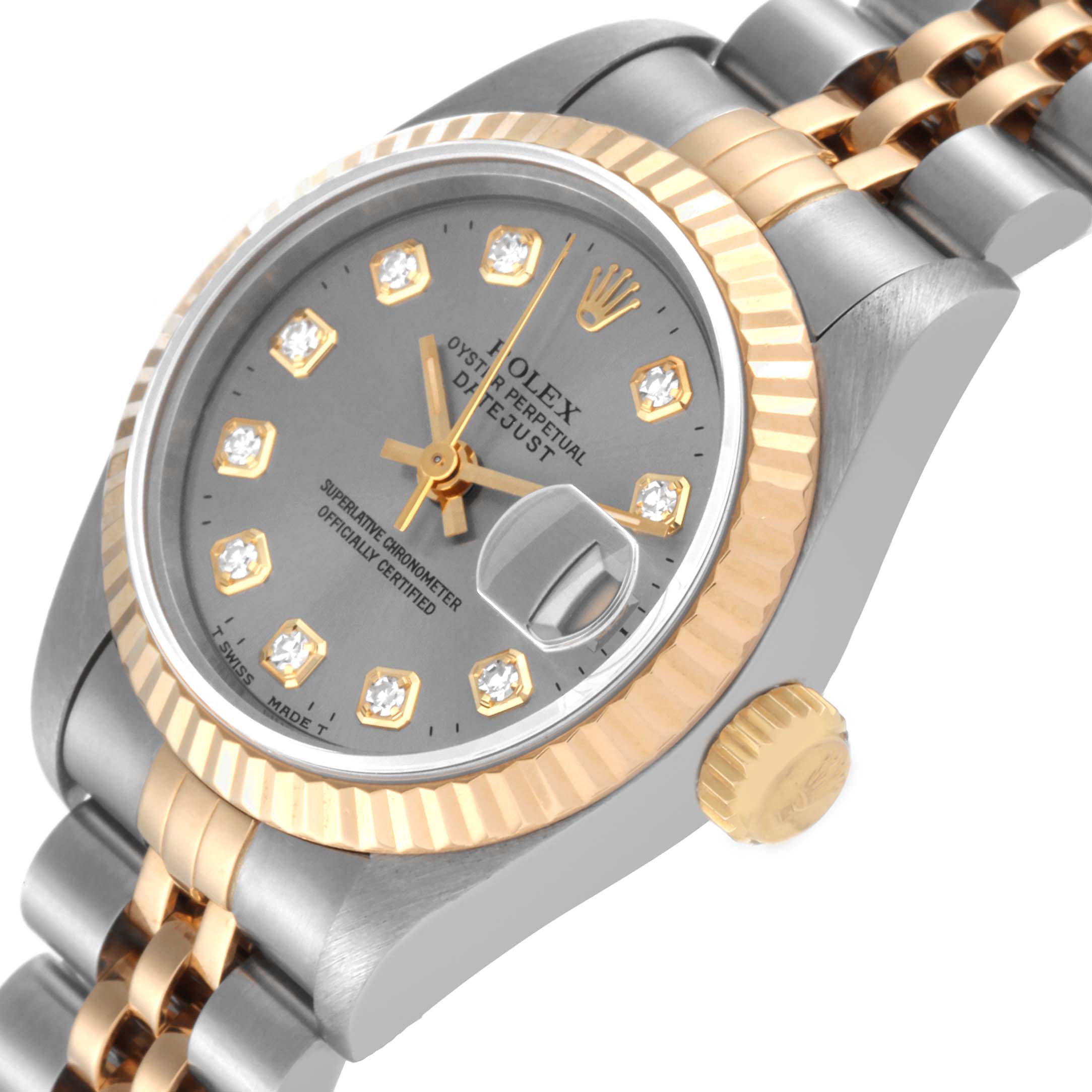The image shows a close-up side angle of a Rolex Datejust 69173 Women's Steel and Gold (two tone) Grey Dial 69173 Women's Steel and Gold (two tone) Grey Dial watch, highlighting the dial, bezel, crown, and part of the bracelet.