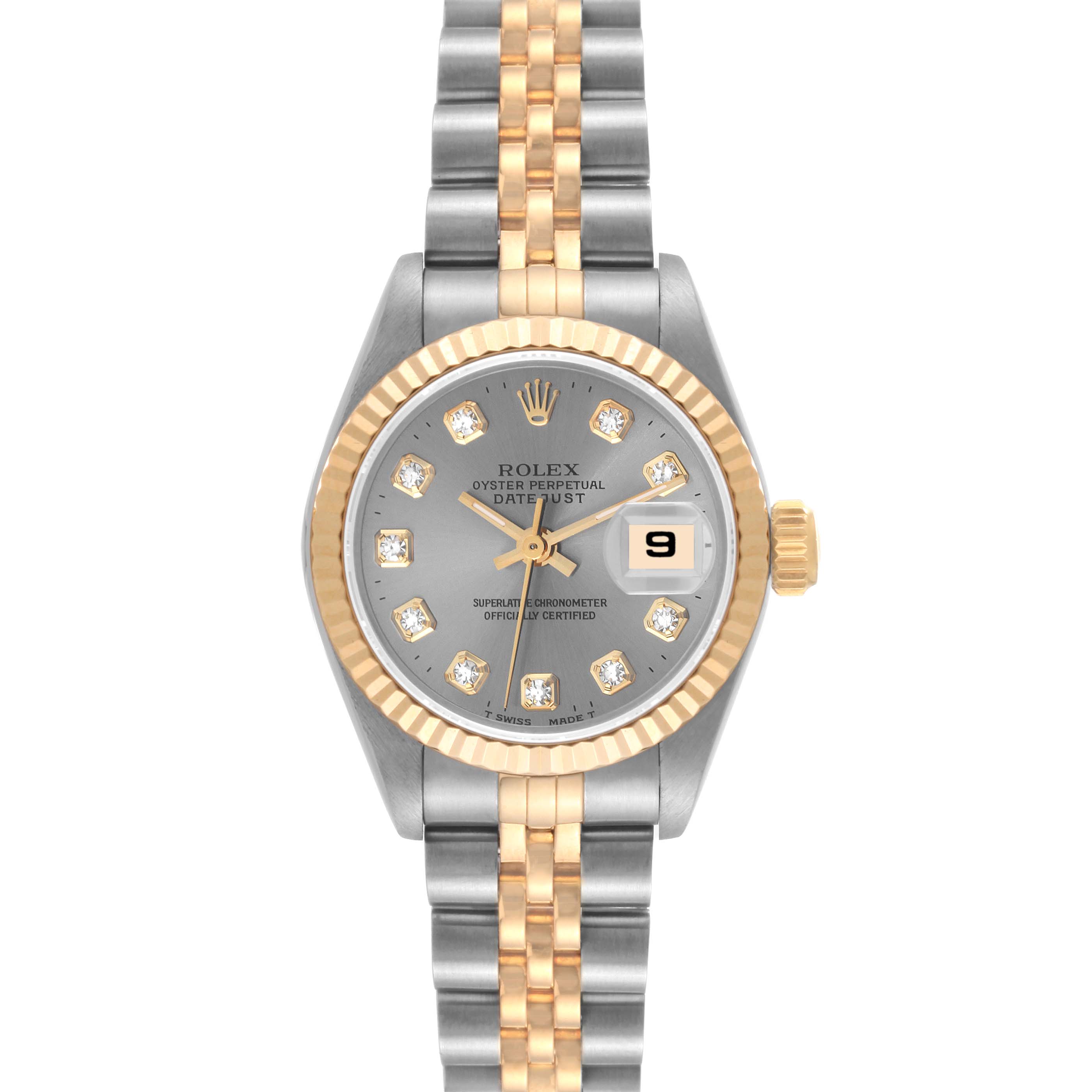 This image shows the Rolex Datejust 69173 Women's Steel and Gold (two tone) Grey Dial 69173 Women's Steel and Gold (two tone) Grey Dial watch from a top-down angle, revealing the dial, bezel, and two-tone bracelet.