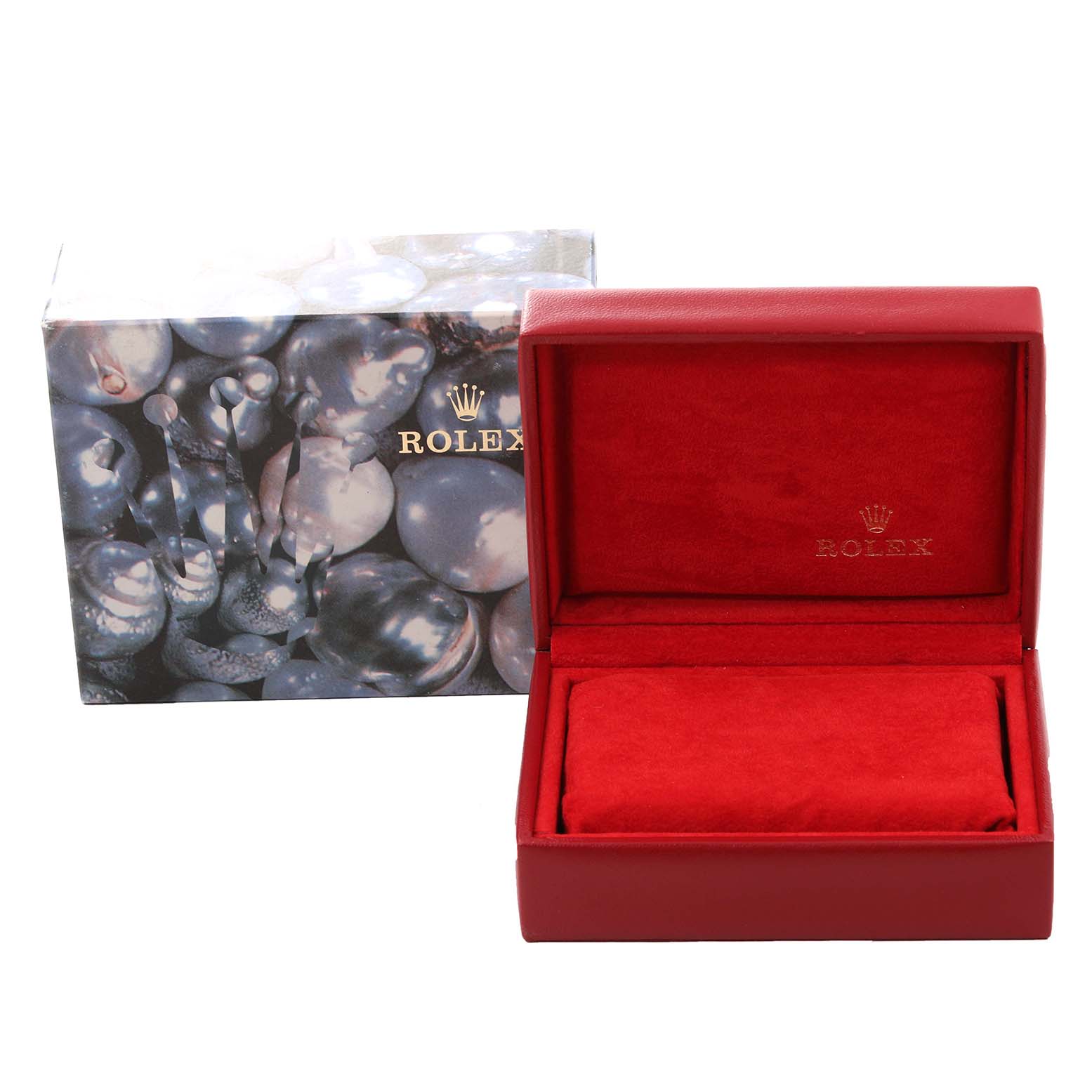 The image shows a Rolex Datejust 69173 Women's Steel and Gold (two tone) Grey Dial 69173 Women's Steel and Gold (two tone) Grey Dial model box and outer packaging with the box open, revealing a red interior.