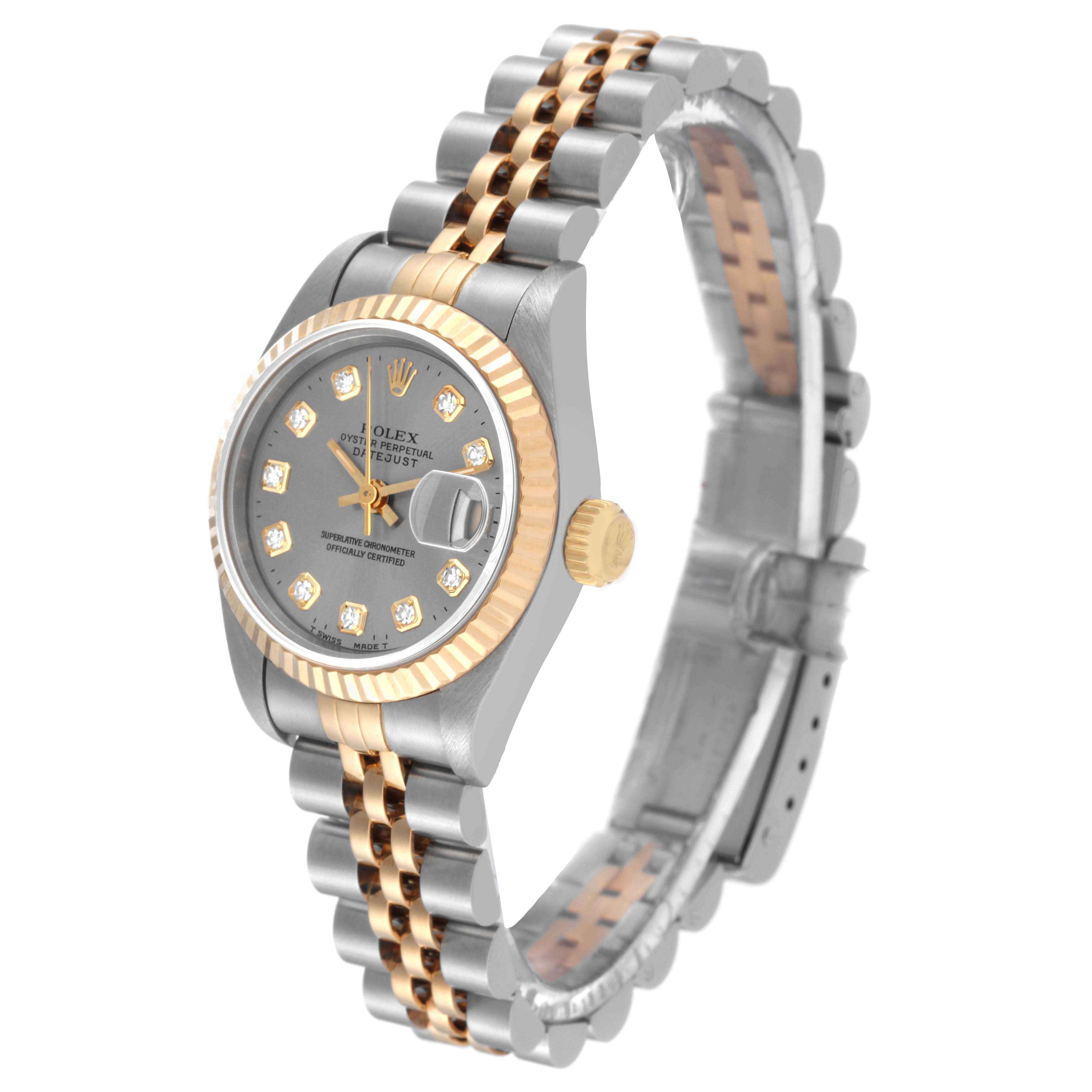 This image shows a side angle of the Rolex Datejust 69173 Women's Steel and Gold (two tone) Grey Dial 69173 Women's Steel and Gold (two tone) Grey Dial watch, highlighting its dial, bezel, crown, and two-tone bracelet.